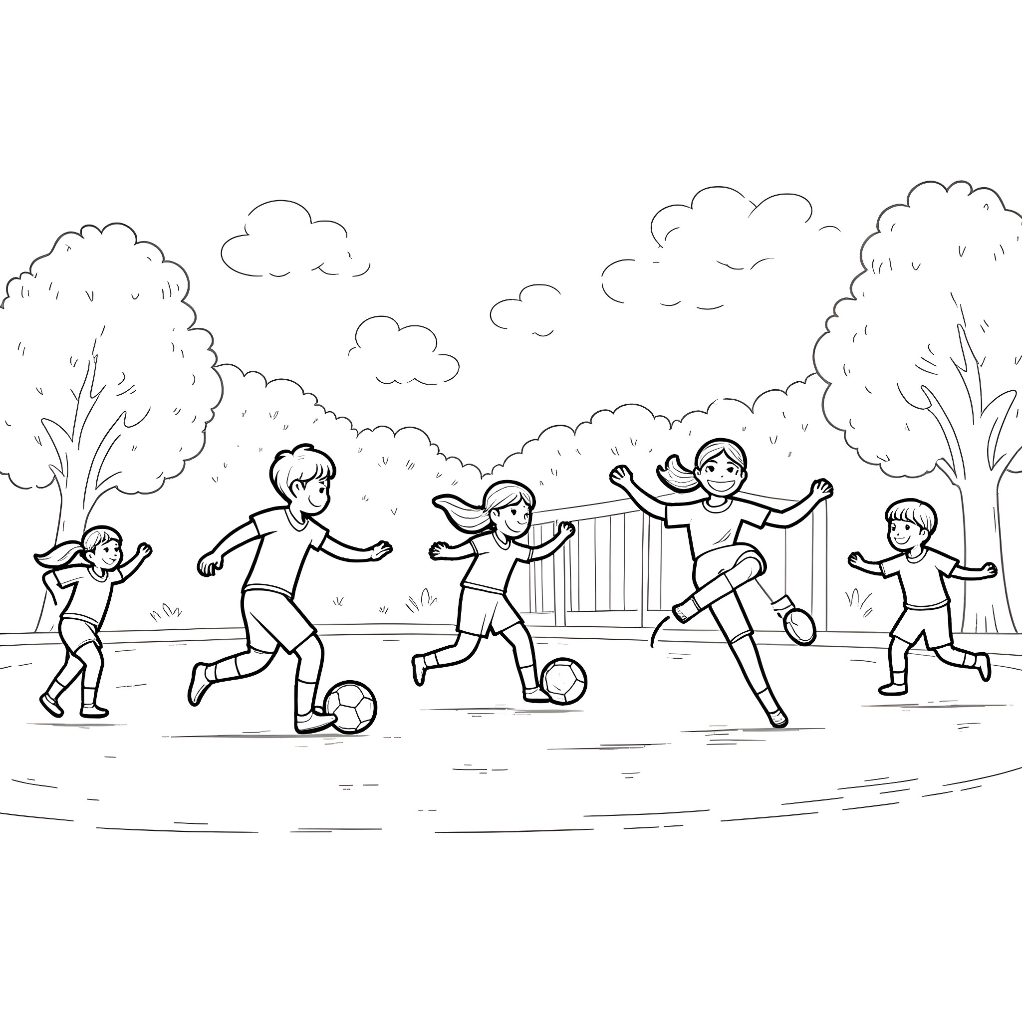 Team playing soccer in the park Coloring Page (free black-and-white line drawing printable PDF for all, from beginners to advanced learners, including children, teens, adults, and seniors)