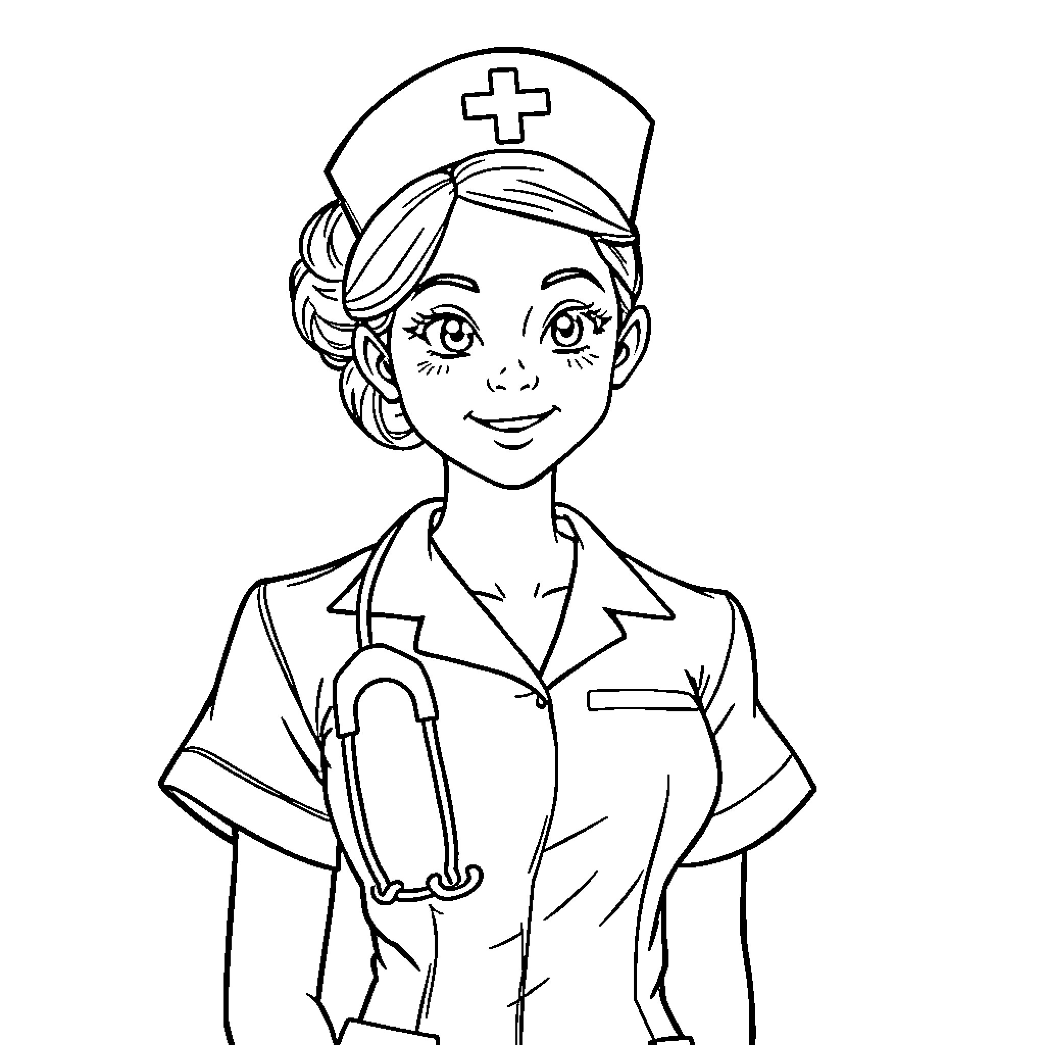 Nurse with a friendly expression Coloring Page (free black-and-white line drawing printable PDF for all, from beginners to advanced learners, including children, teens, adults, and seniors)