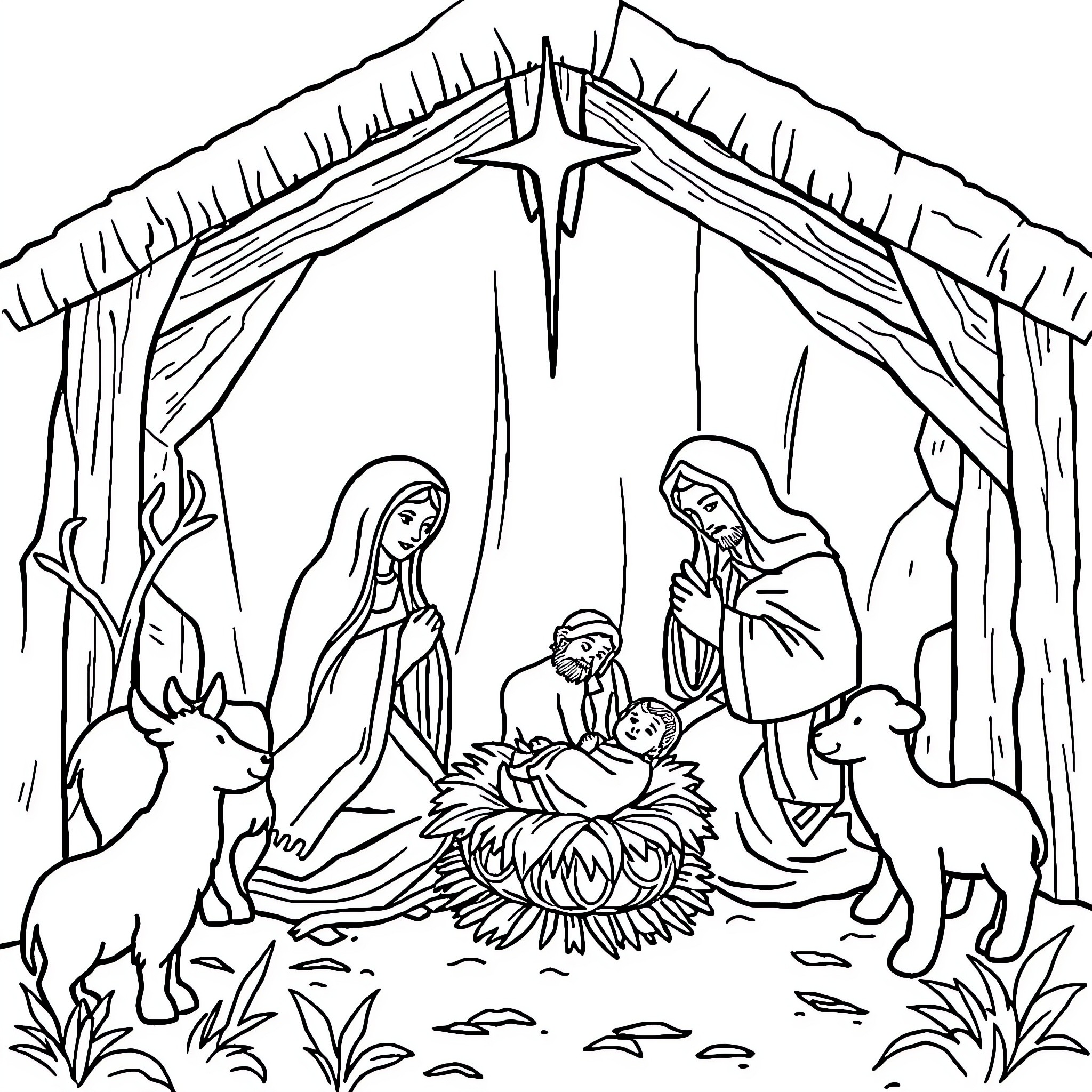 Nativity scene depicting the birth of Jesus Coloring Page (free black-and-white line drawing printable PDF for all, from beginners to advanced learners, including children, teens, adults, and seniors)