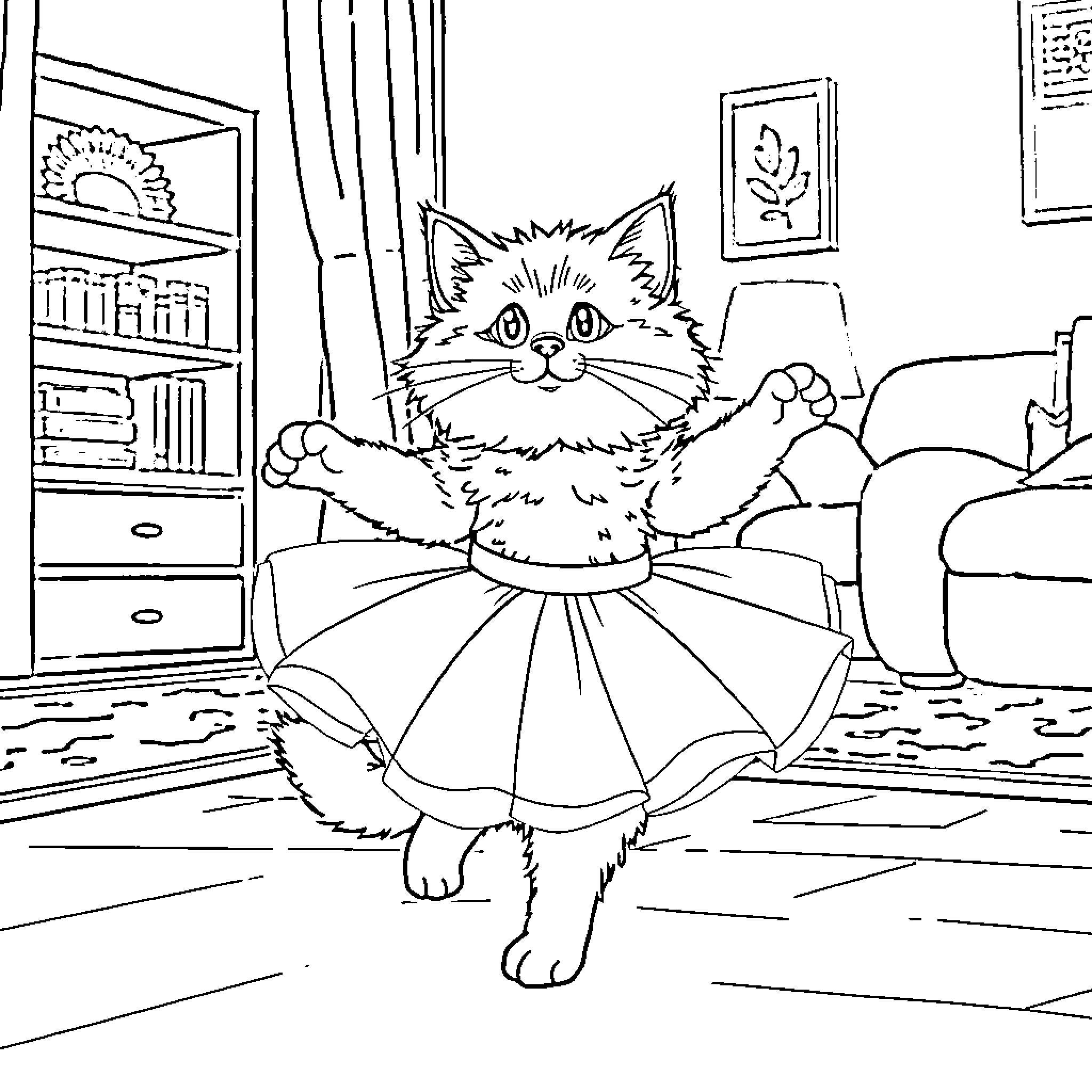 Cat dressed up in a tutu dancing in the living room Coloring Page (free black-and-white line drawing printable PDF for all, from beginners to advanced learners, including children, teens, adults, and seniors)