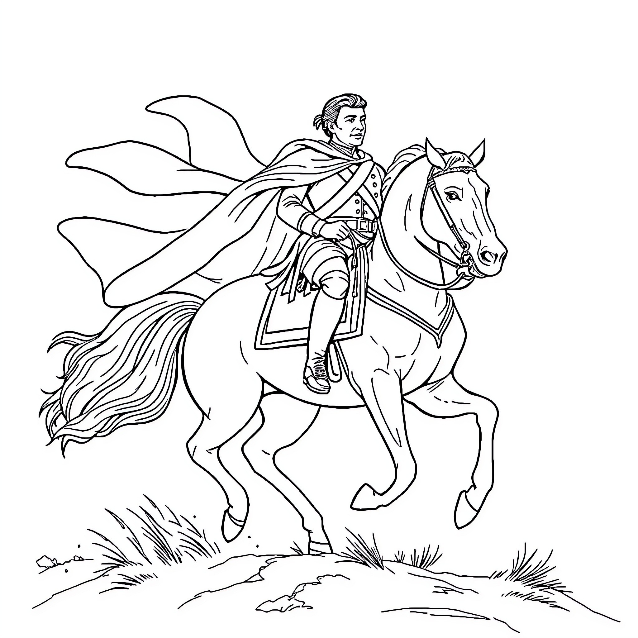 Simón Bolívar riding a majestic horse in heroic pose Coloring Page (free black-and-white line drawing printable PDF for all, from beginners to advanced learners, including children, teens, adults, and seniors)