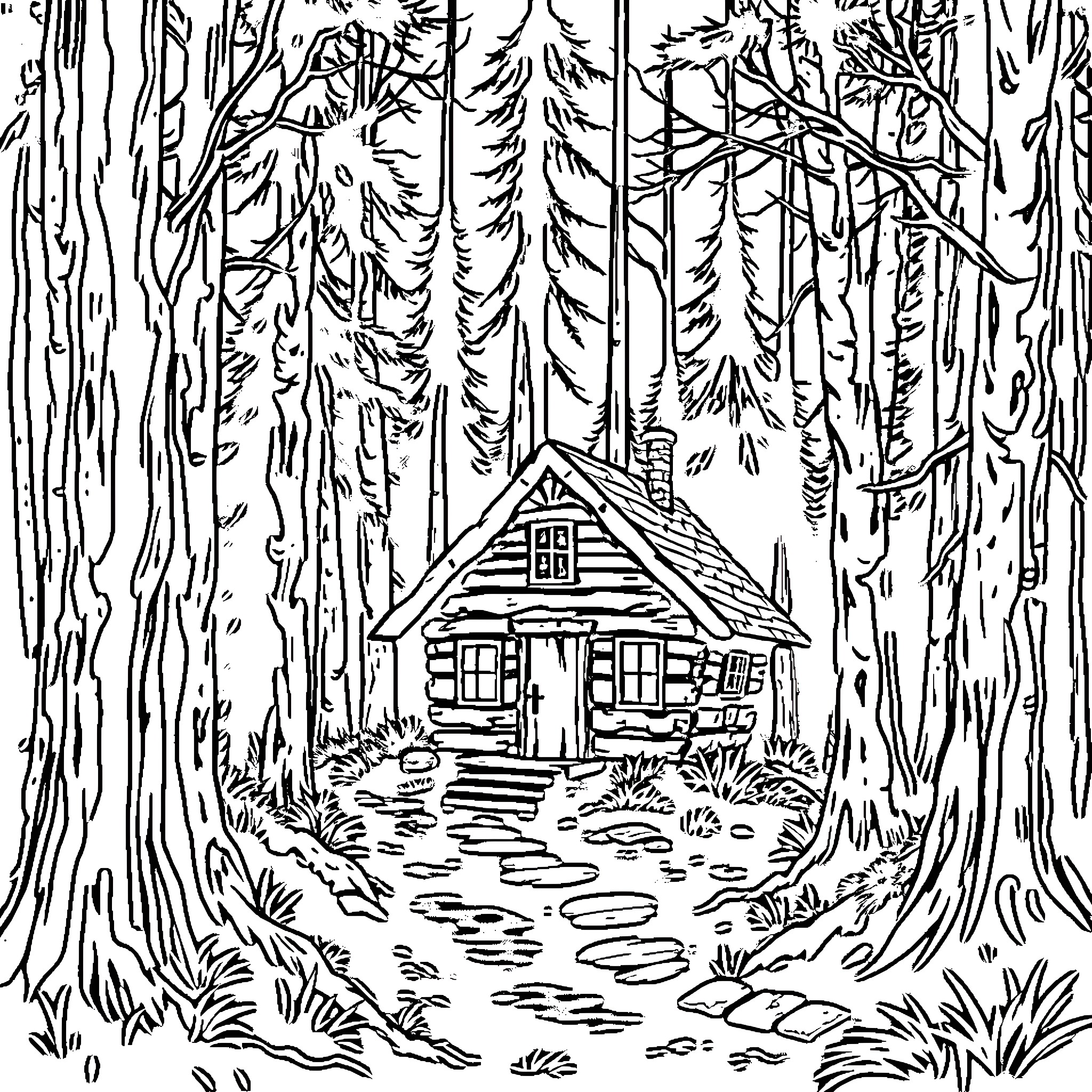 Cabin in the Enchanted Forest Coloring Page (free black-and-white line drawing printable PDF for all, from beginners to advanced learners, including children, teens, adults, and seniors)