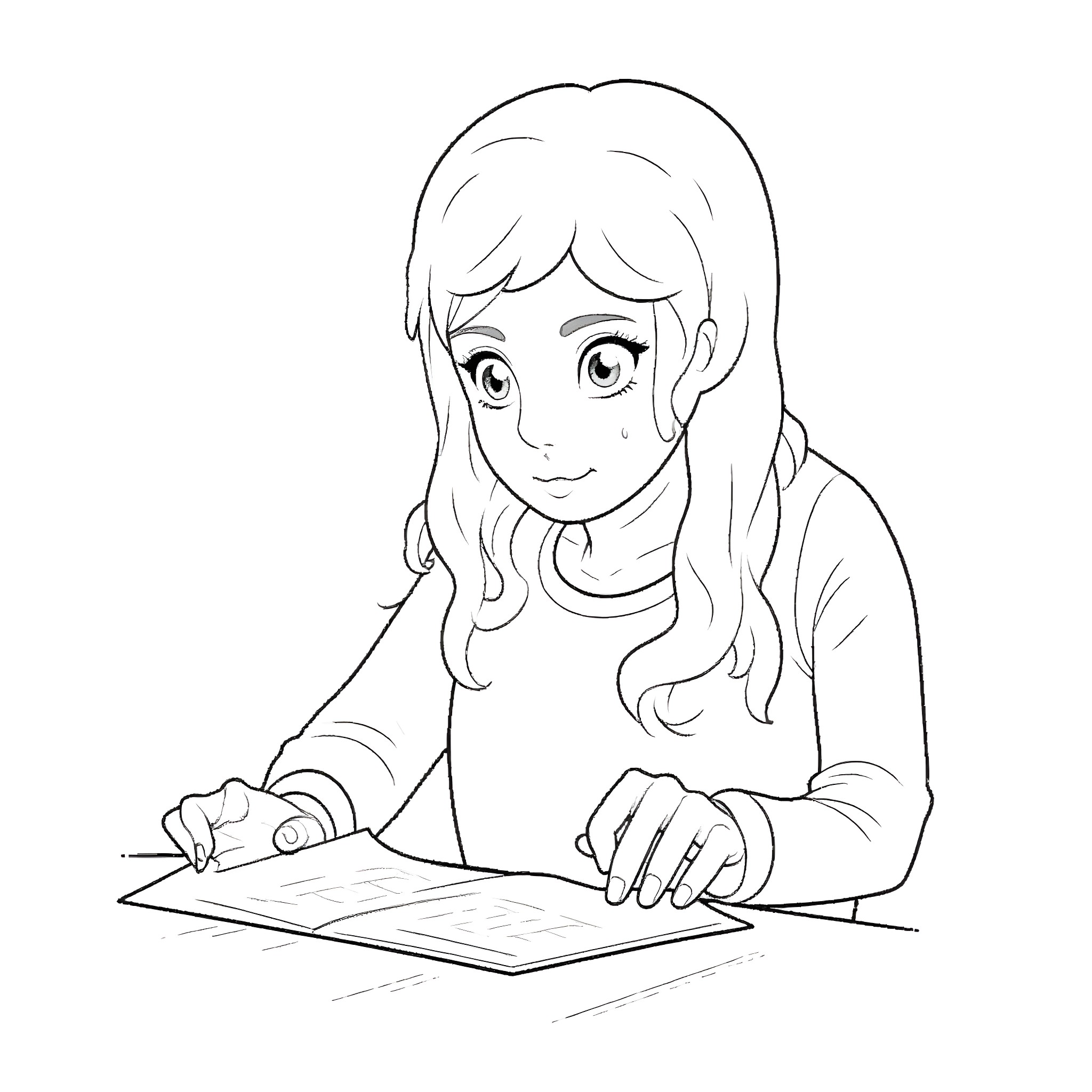 AI Girl Focused on Drawing Coloring Page (free black-and-white line drawing printable PDF for all, from beginners to advanced learners, including children, teens, adults, and seniors)