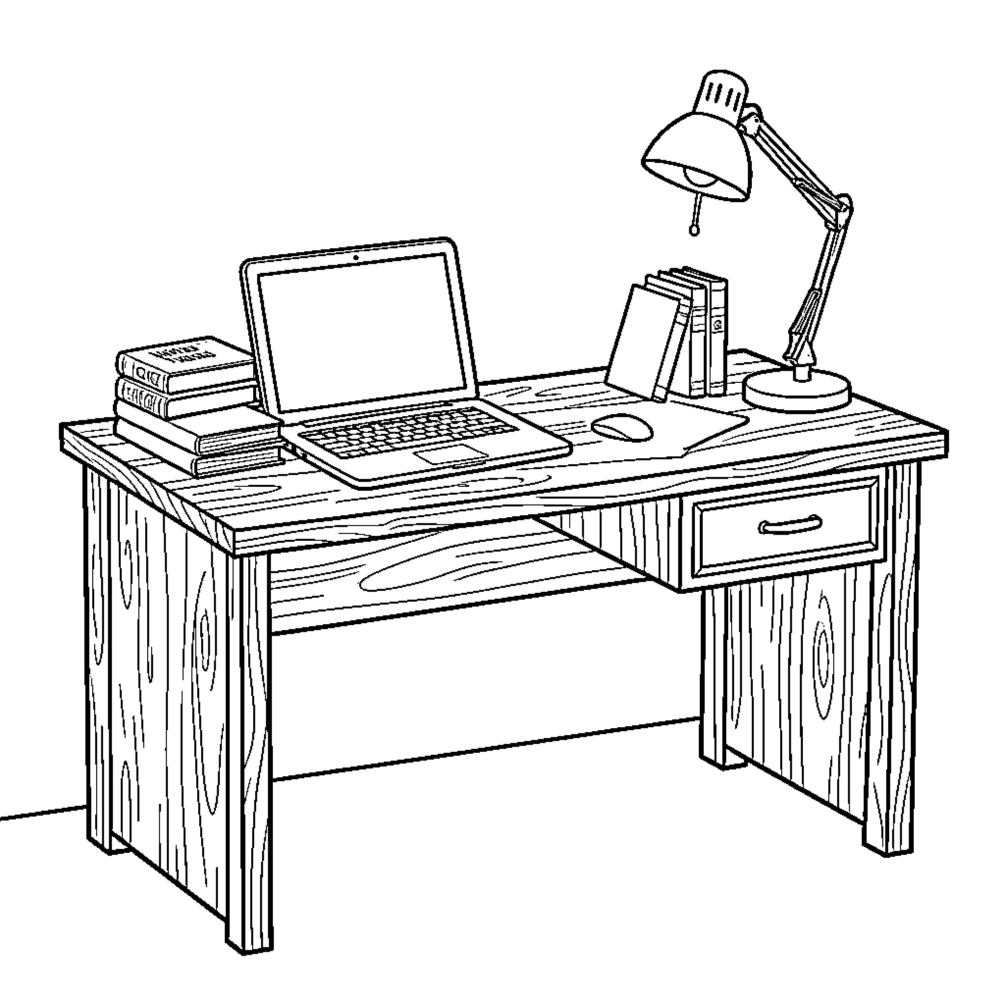 Computer Desk with Laptop and Books Coloring Page (free black-and-white line drawing printable PDF for all, from beginners to advanced learners, including children, teens, adults, and seniors)