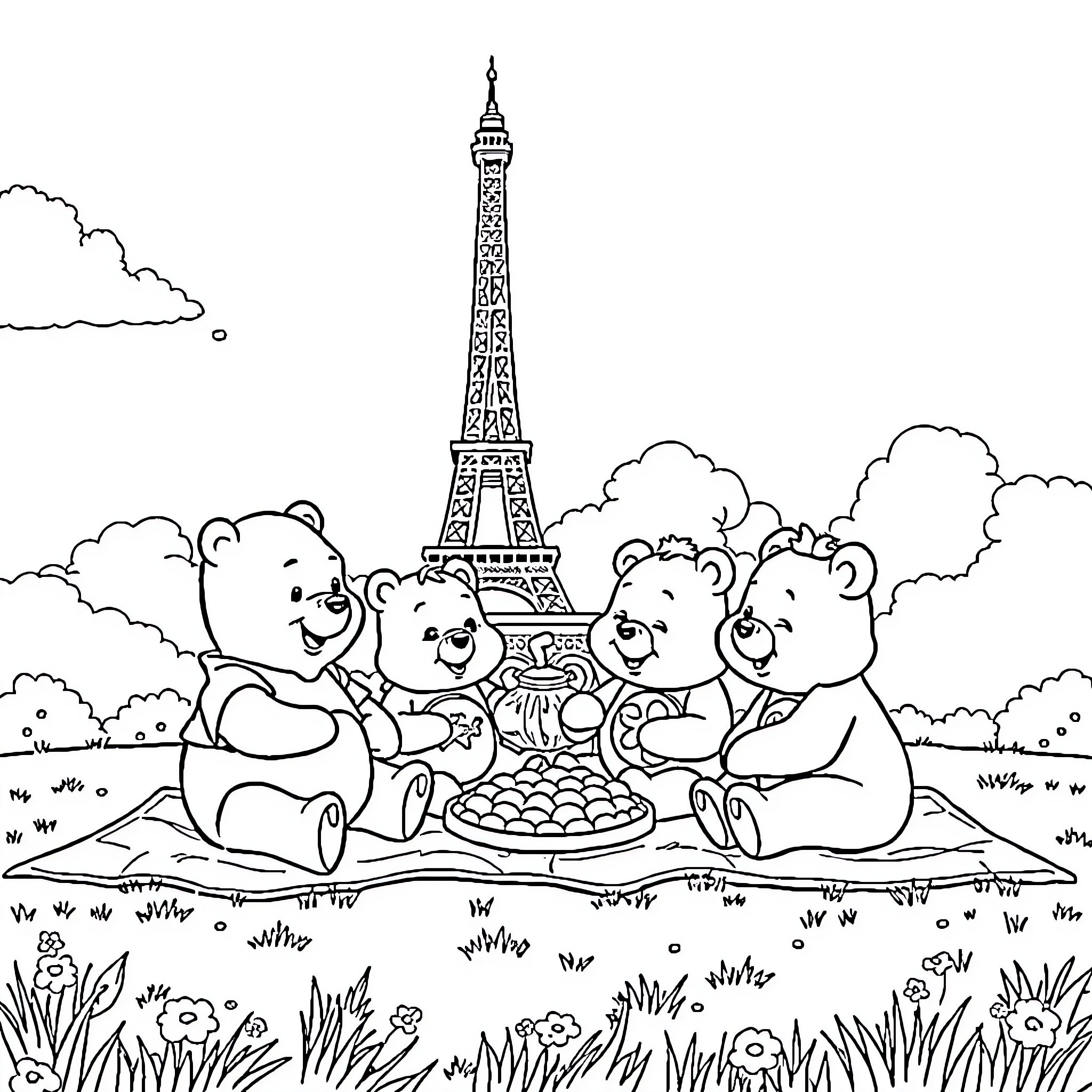 Winnie The Pooh and friends enjoy a picnic in Paris Coloring Page (free black-and-white line drawing printable PDF for all, from beginners to advanced learners, including children, teens, adults, and seniors)