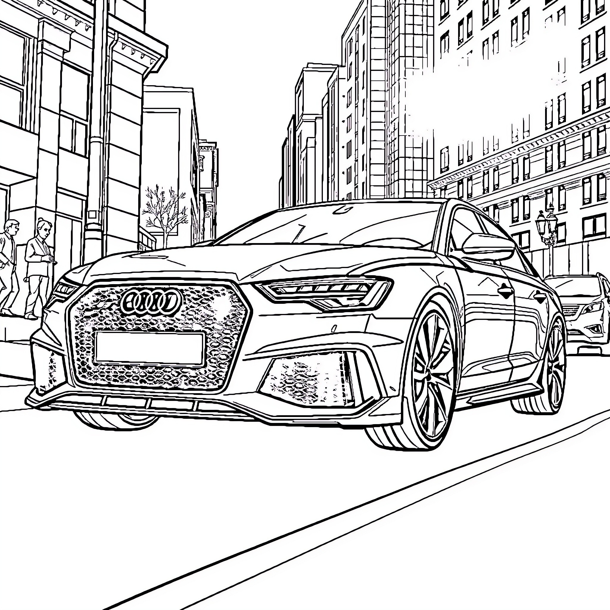 Audi luxury sports car on city street Coloring Page (free black-and-white line drawing printable PDF for all, from beginners to advanced learners, including children, teens, adults, and seniors)