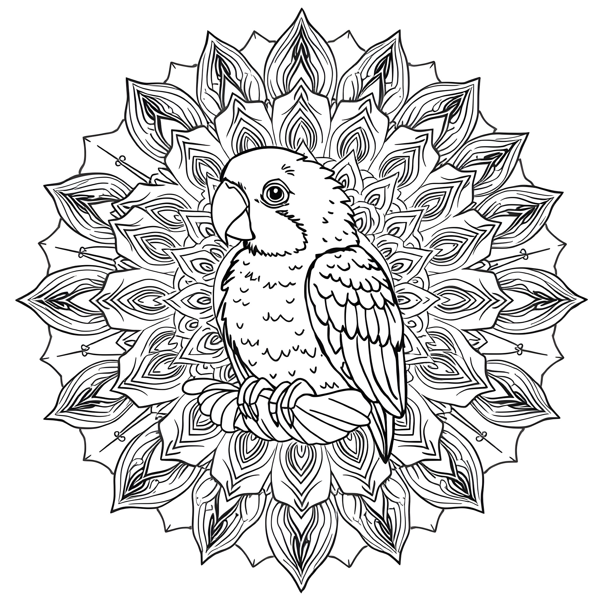 Parrot sitting peacefully on mandala-inspired background Coloring Page (free black-and-white line drawing printable PDF for all, from beginners to advanced learners, including children, teens, adults, and seniors)