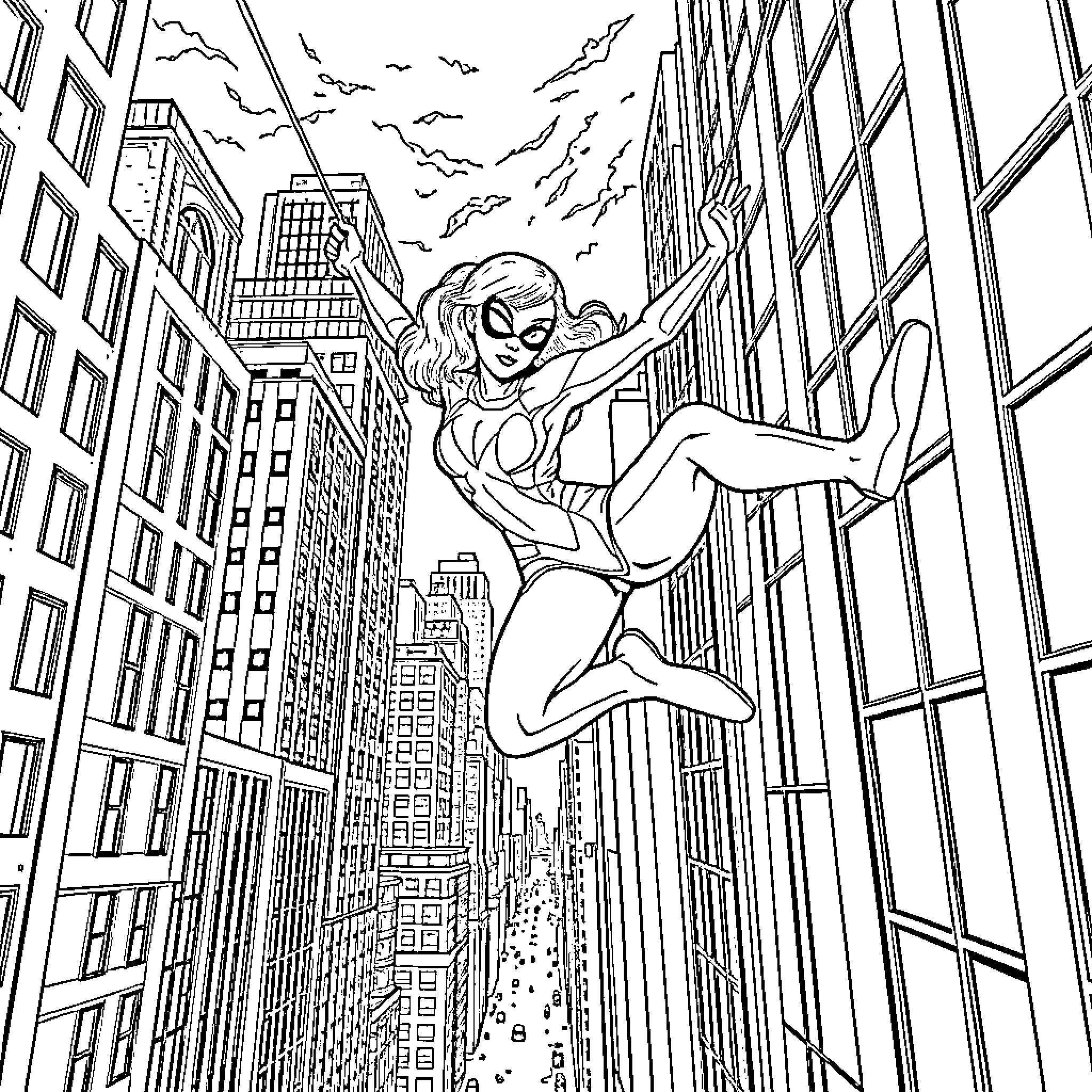 Spider Girl swinging gracefully through the city Coloring Page (free black-and-white line drawing printable PDF for all, from beginners to advanced learners, including children, teens, adults, and seniors)