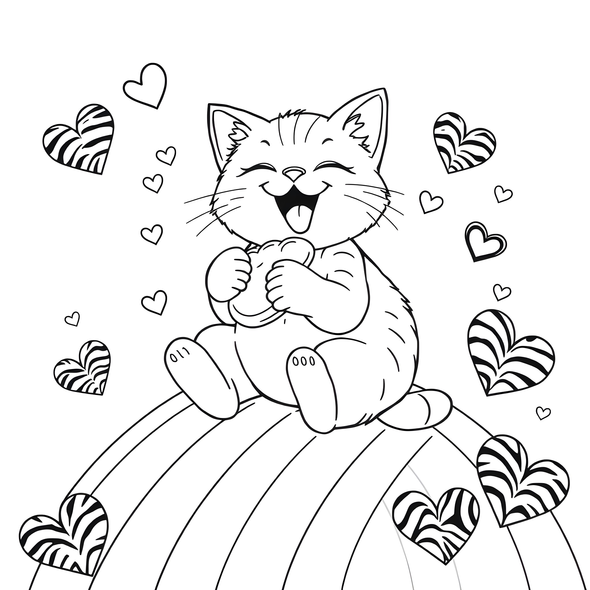 Cat with heart-shaped balloons enjoying a happy day Coloring Page (free black-and-white line drawing printable PDF for all, from beginners to advanced learners, including children, teens, adults, and seniors)