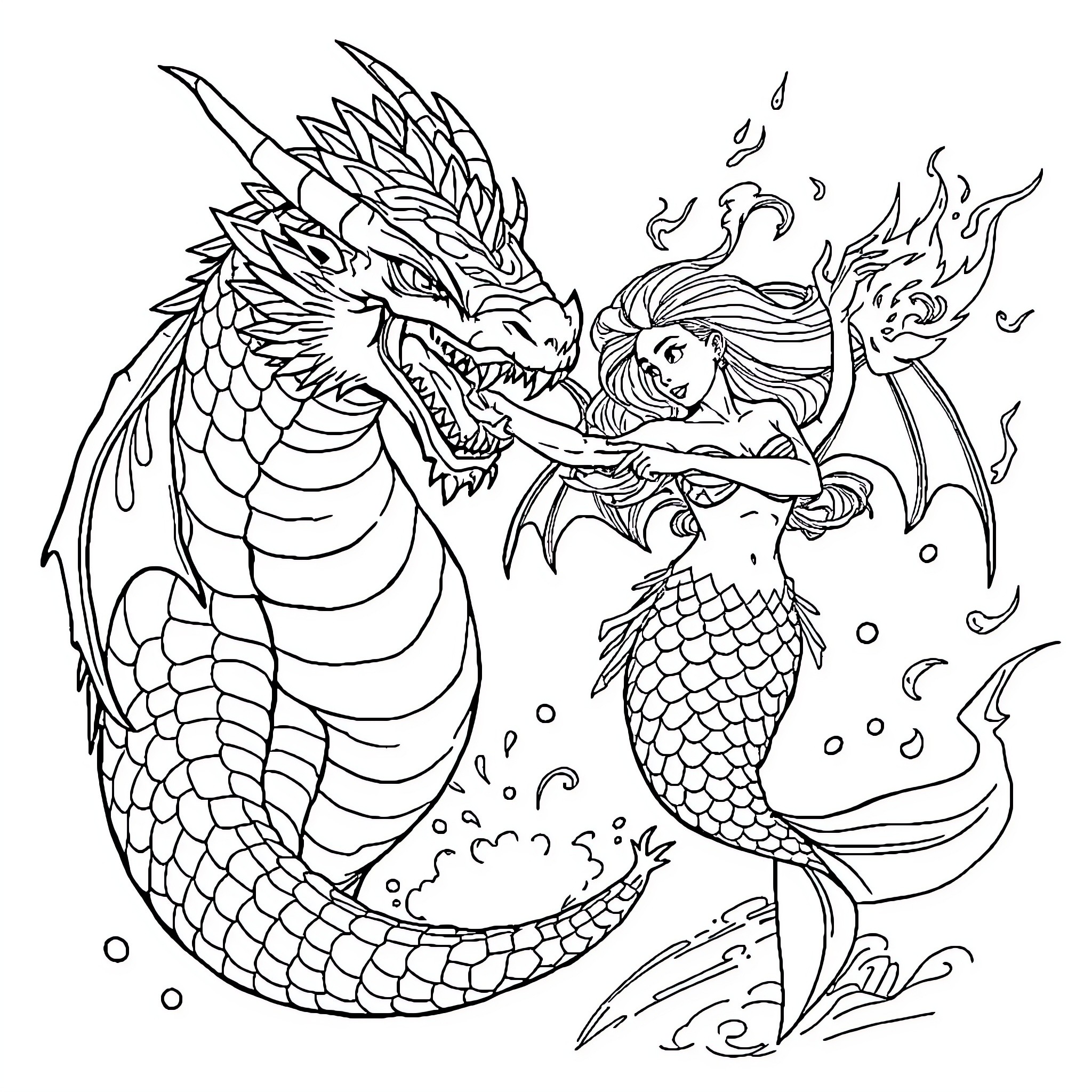 Mermaid and majestic dragon swimming together Coloring Page (free black-and-white line drawing printable PDF for all, from beginners to advanced learners, including children, teens, adults, and seniors)