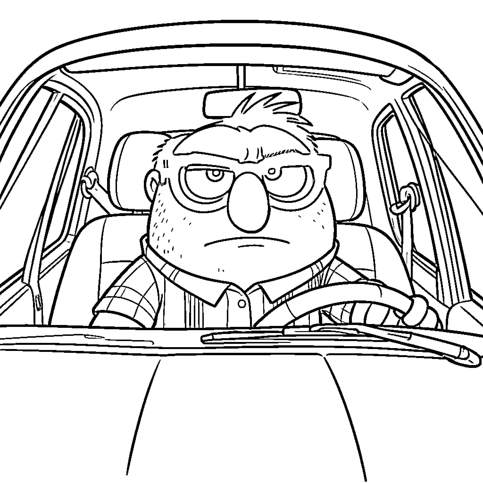 Gru driving a car with a grumpy expression Coloring Page (free black-and-white line drawing printable PDF for all, from beginners to advanced learners, including children, teens, adults, and seniors)