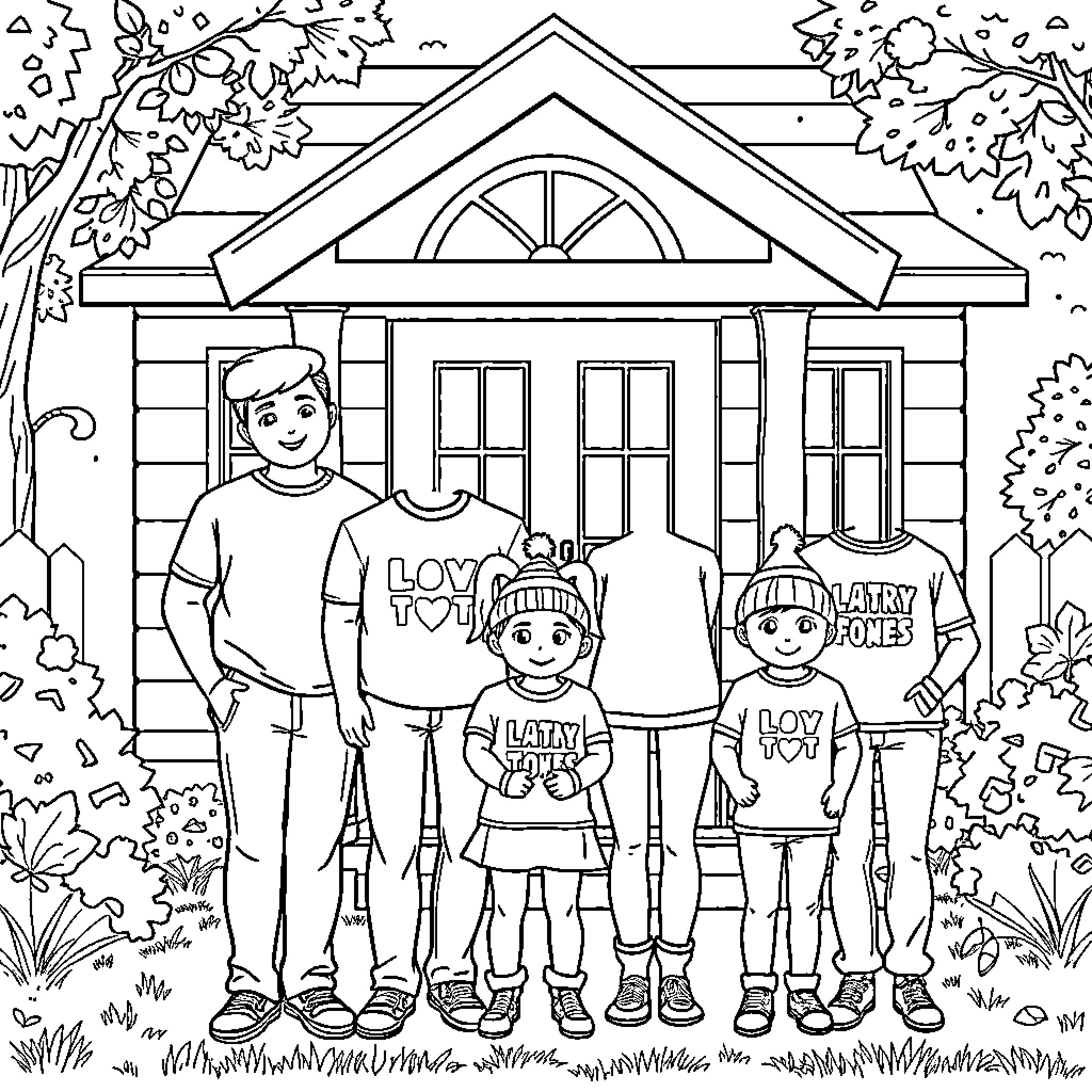 Adult family posing in front of decorated home Coloring Page (free black-and-white line drawing printable PDF for all, from beginners to advanced learners, including children, teens, adults, and seniors)