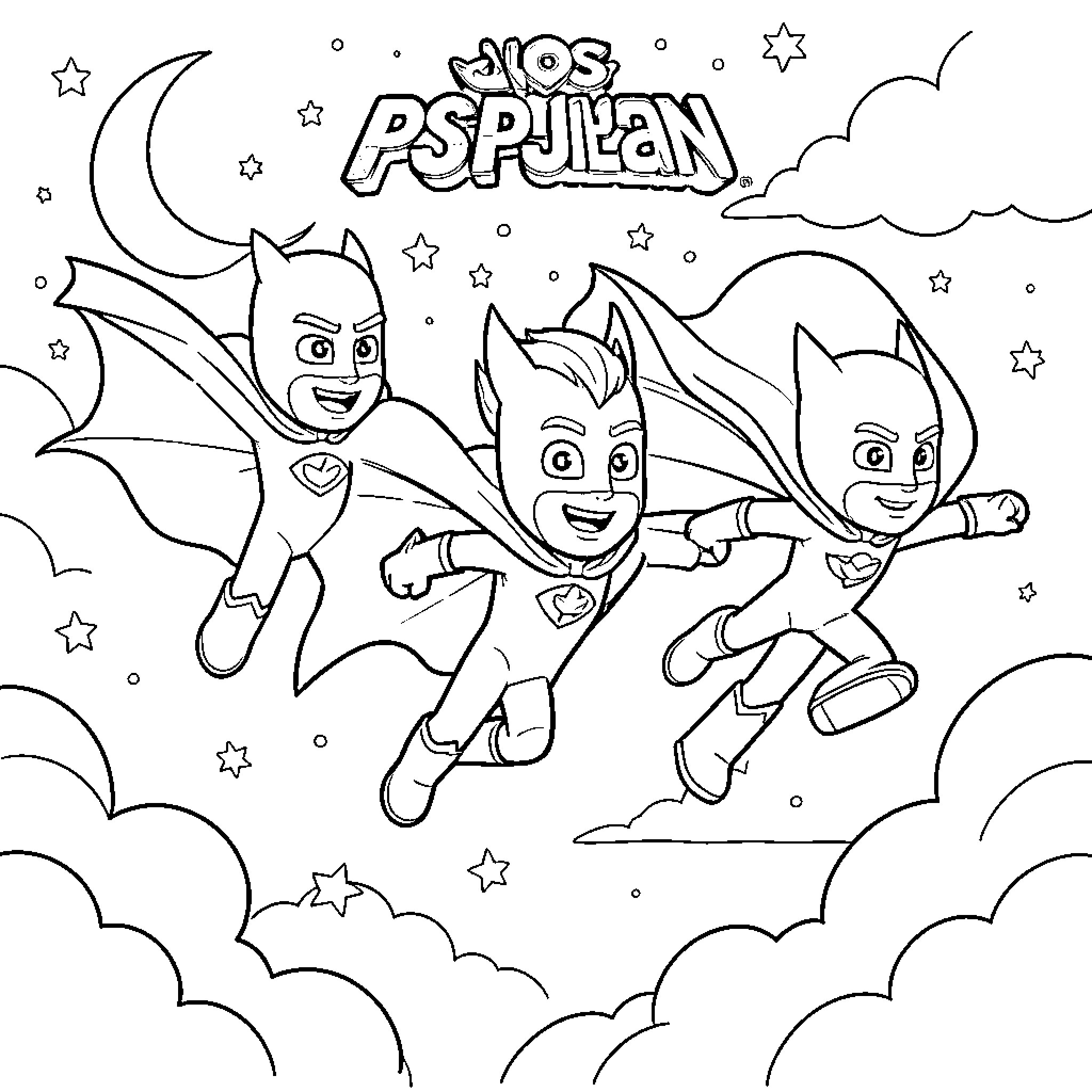 PJ Masks heroes in action under the night sky Coloring Page (free black-and-white line drawing printable PDF for all, from beginners to advanced learners, including children, teens, adults, and seniors)