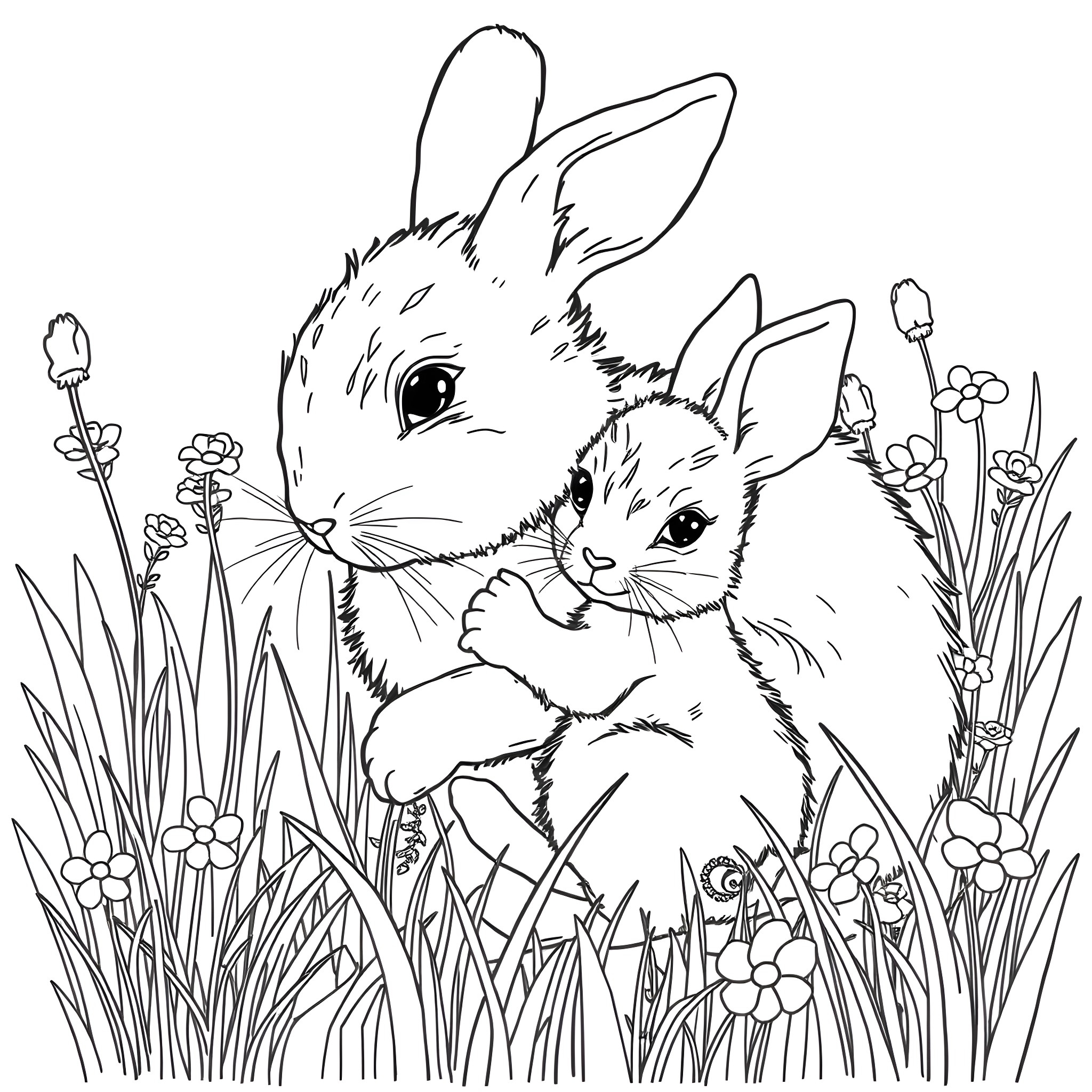 Rabbit siblings in a meadow of flowers Coloring Page (free black-and-white line drawing printable PDF for all, from beginners to advanced learners, including children, teens, adults, and seniors)