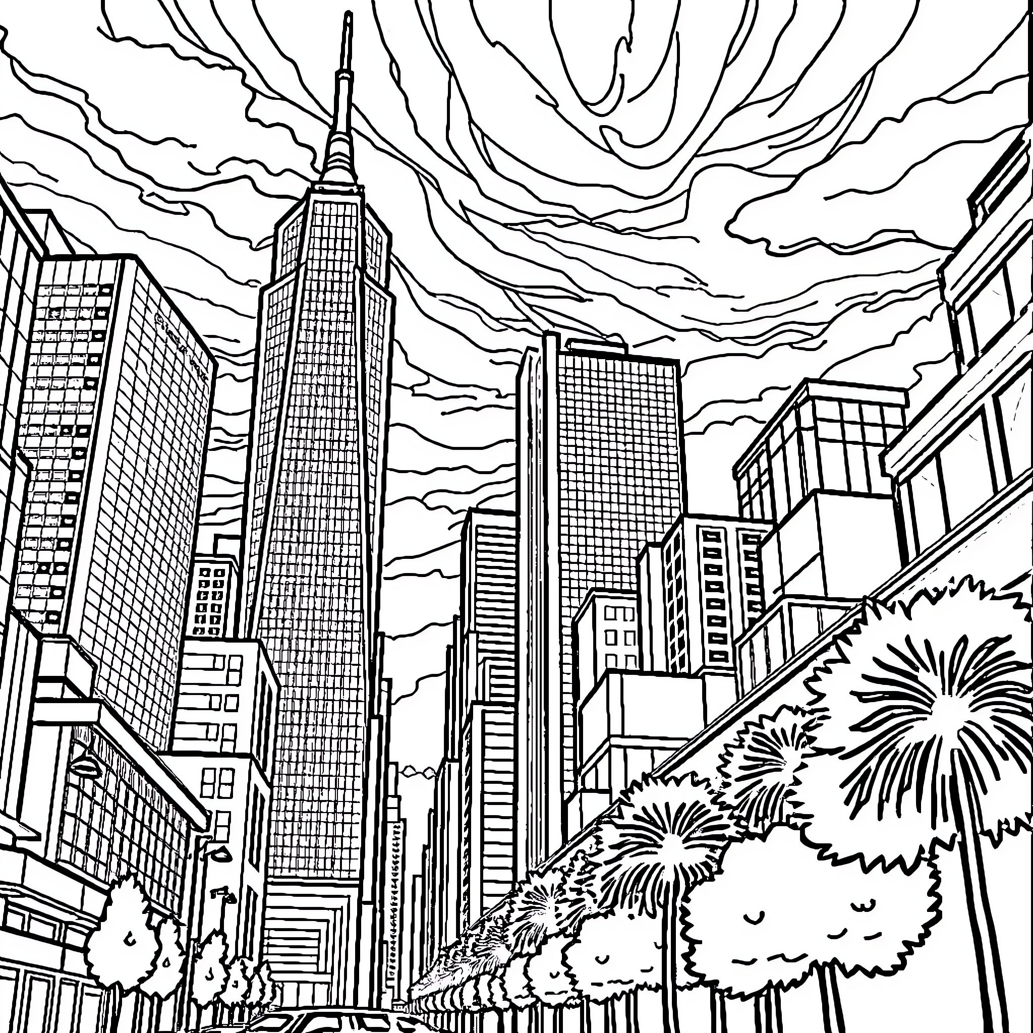 Bird's-eye view of a bustling city skyline Coloring Page (free black-and-white line drawing printable PDF for all, from beginners to advanced learners, including children, teens, adults, and seniors)