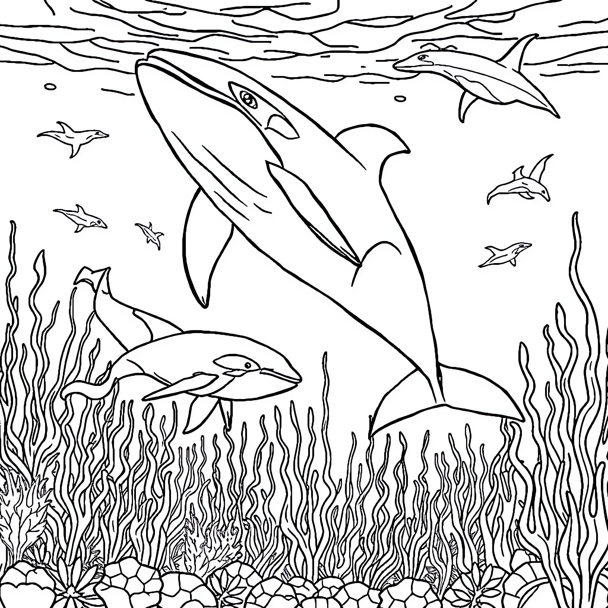 Dolphin swimming with marine life in the ocean Coloring Page (free black-and-white line drawing printable PDF for all, from beginners to advanced learners, including children, teens, adults, and seniors)