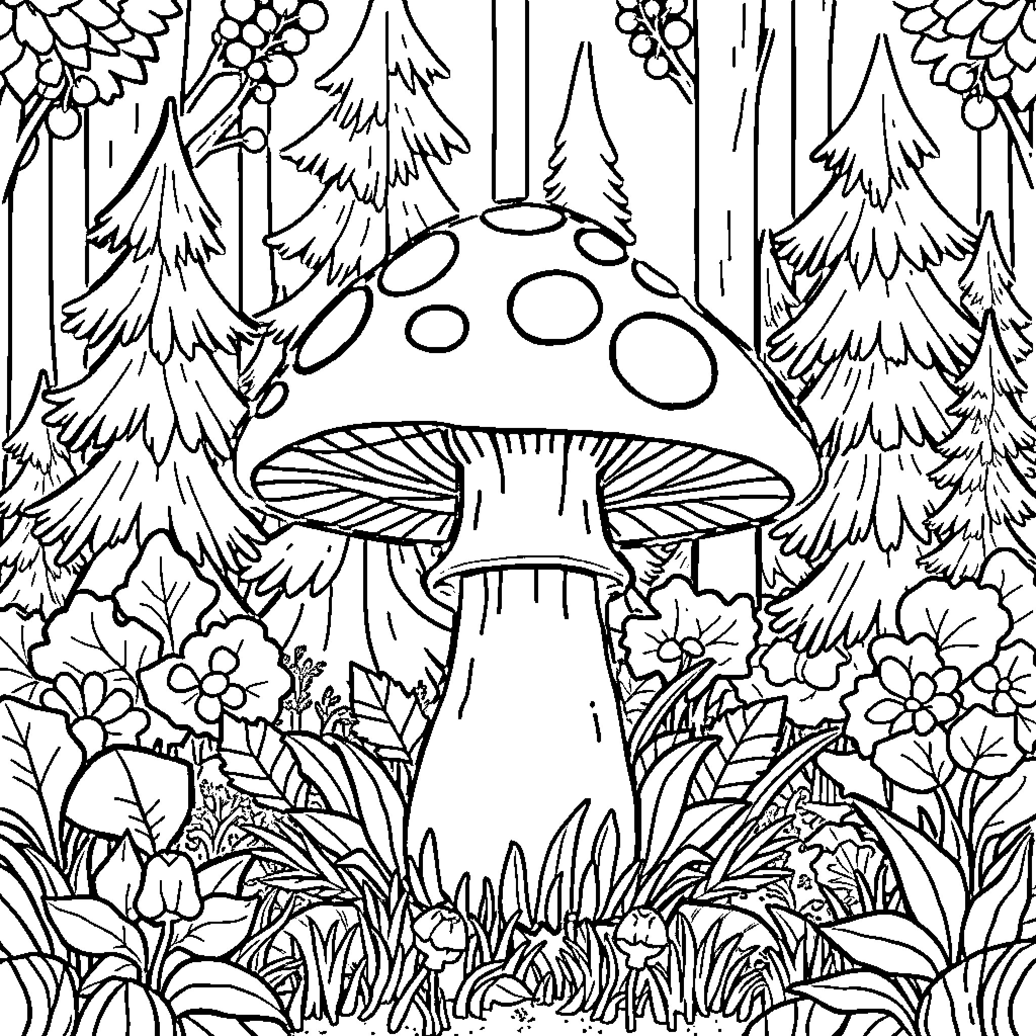 Mushroom growing in the enchanted forest Coloring Page (free black-and-white line drawing printable PDF for all, from beginners to advanced learners, including children, teens, adults, and seniors)