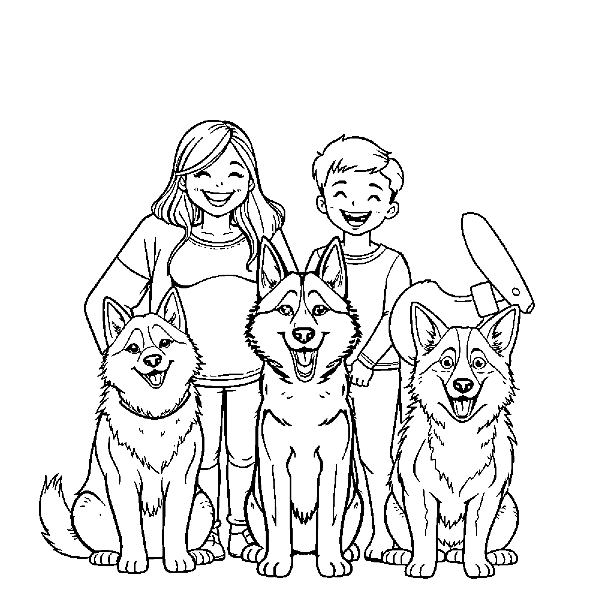 Family Enjoying Fun Outdoor Time with Pets Coloring Page (free black-and-white line drawing printable PDF for all, from beginners to advanced learners, including children, teens, adults, and seniors)