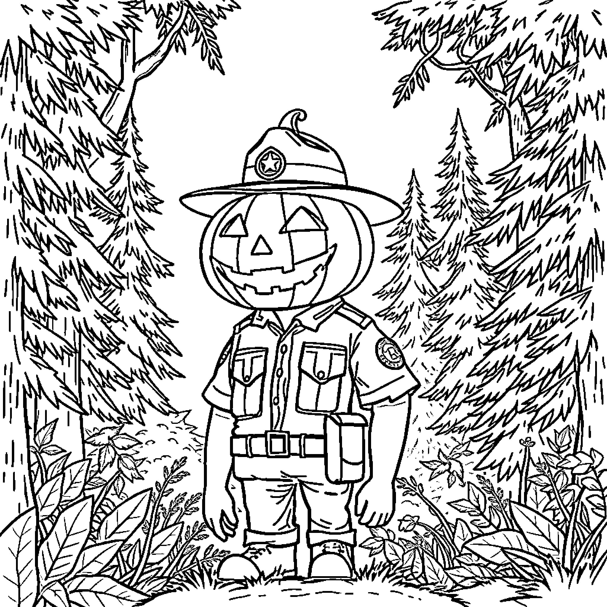 Park Ranger with Pumpkin Head in Forested Scene Coloring Page (free black-and-white line drawing printable PDF for all, from beginners to advanced learners, including children, teens, adults, and seniors)