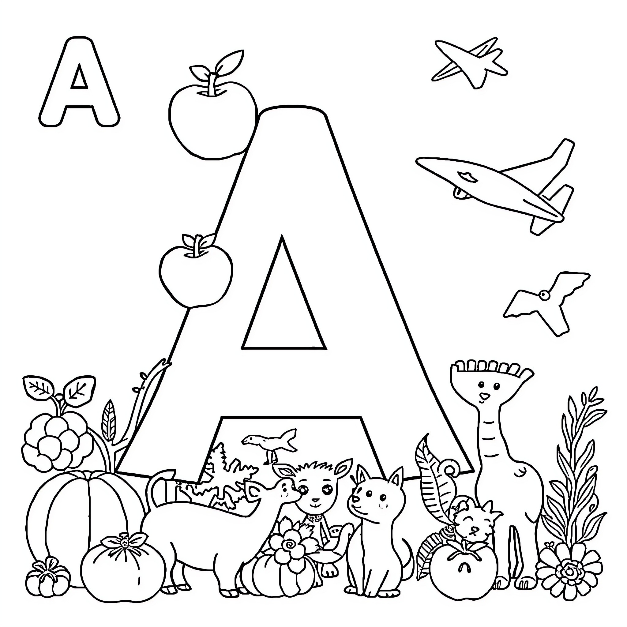 A Delightful Alphabet Adventure Coloring Page (free black-and-white line drawing printable PDF for all, from beginners to advanced learners, including children, teens, adults, and seniors)