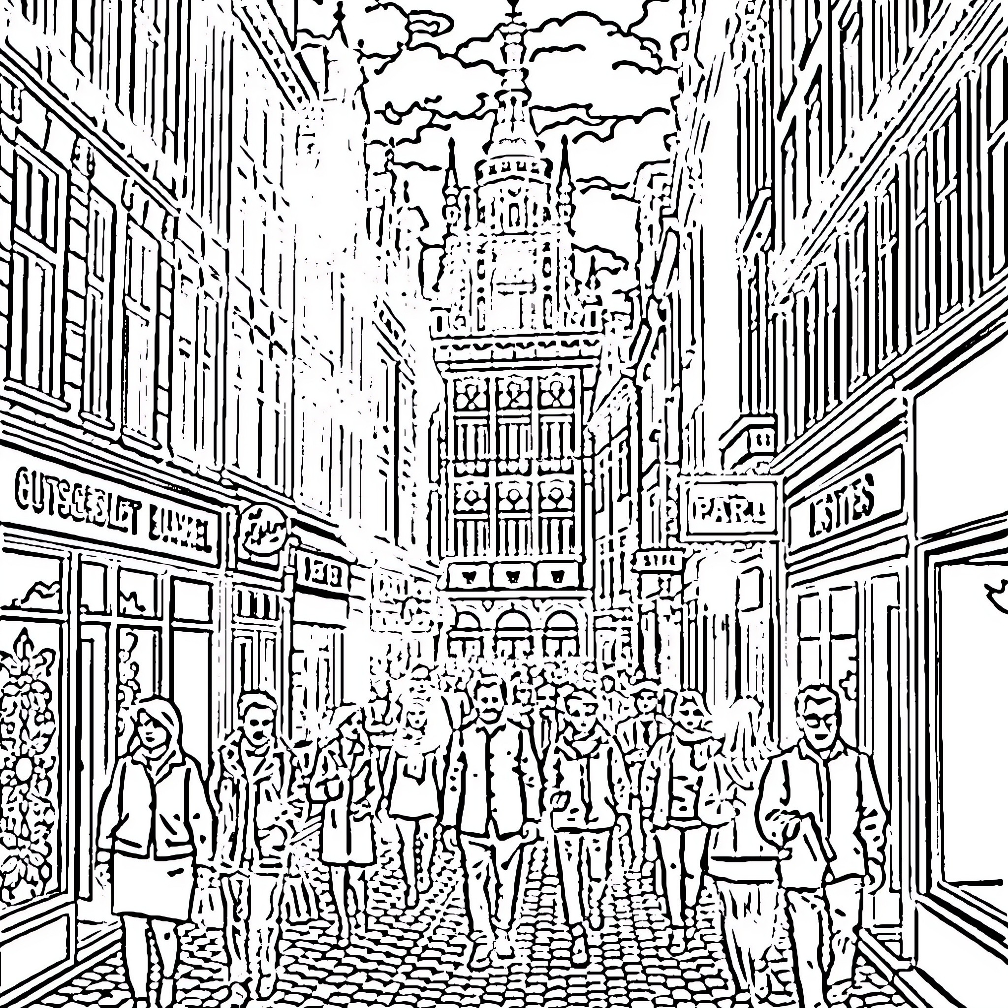 Brussels City Street Bustling with Pedestrians Coloring Page (free black-and-white line drawing printable PDF for all, from beginners to advanced learners, including children, teens, adults, and seniors)