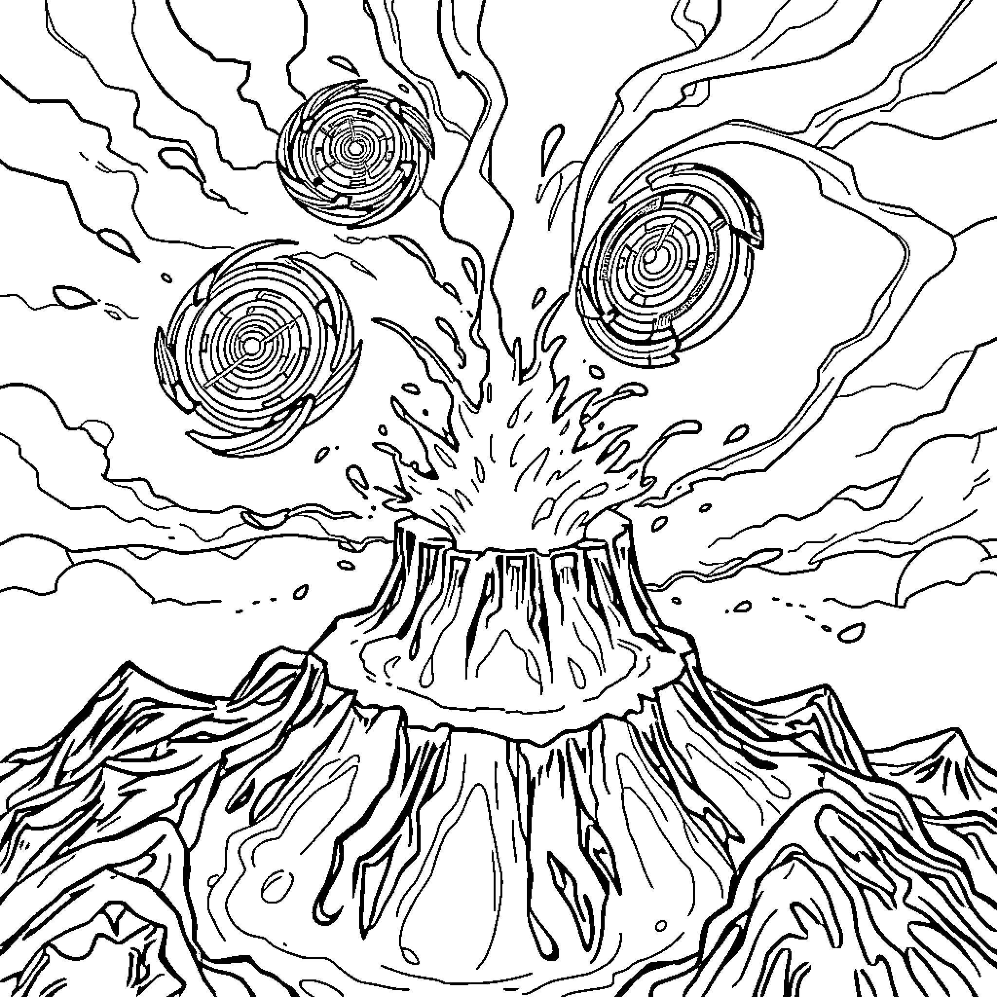 Beyblade Volcano Eruption Showdown Coloring Page (free black-and-white line drawing printable PDF for all, from beginners to advanced learners, including children, teens, adults, and seniors)