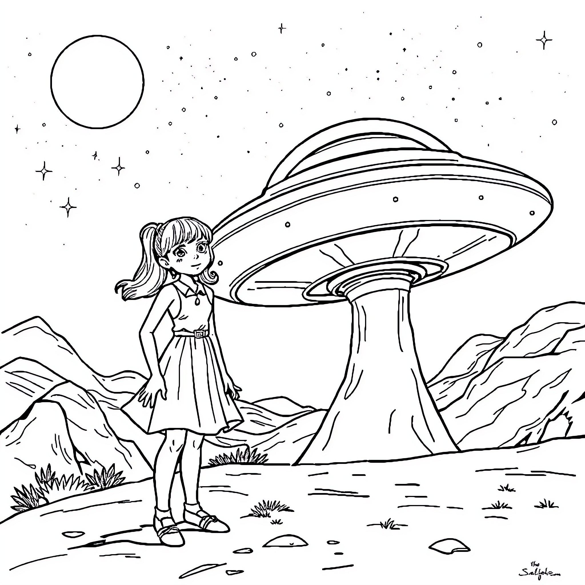 UFO encounters girl in alien landscape Coloring Page (free black-and-white line drawing printable PDF for all, from beginners to advanced learners, including children, teens, adults, and seniors)