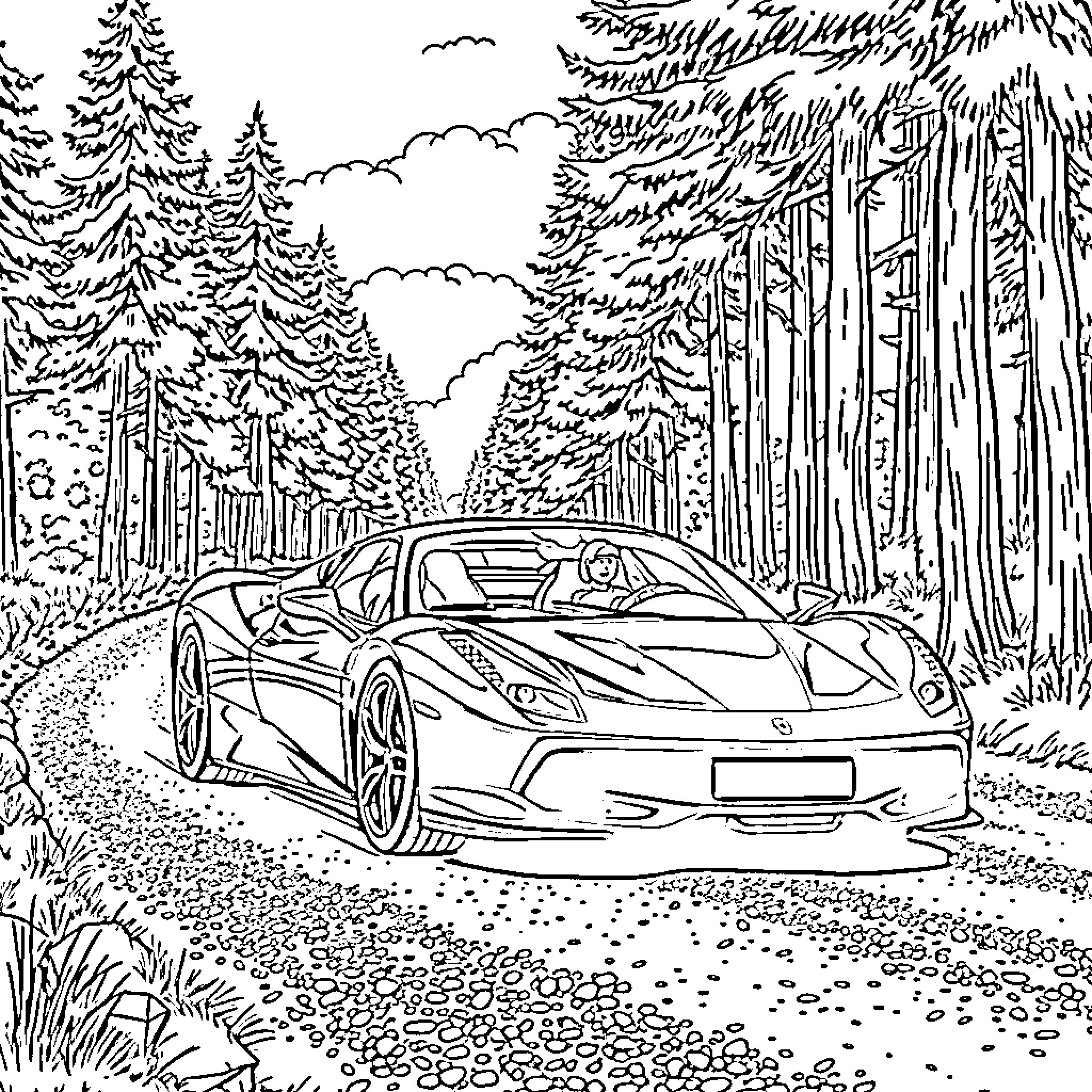 Ferrari speeding through the snowy forest Coloring Page (free black-and-white line drawing printable PDF for all, from beginners to advanced learners, including children, teens, adults, and seniors)
