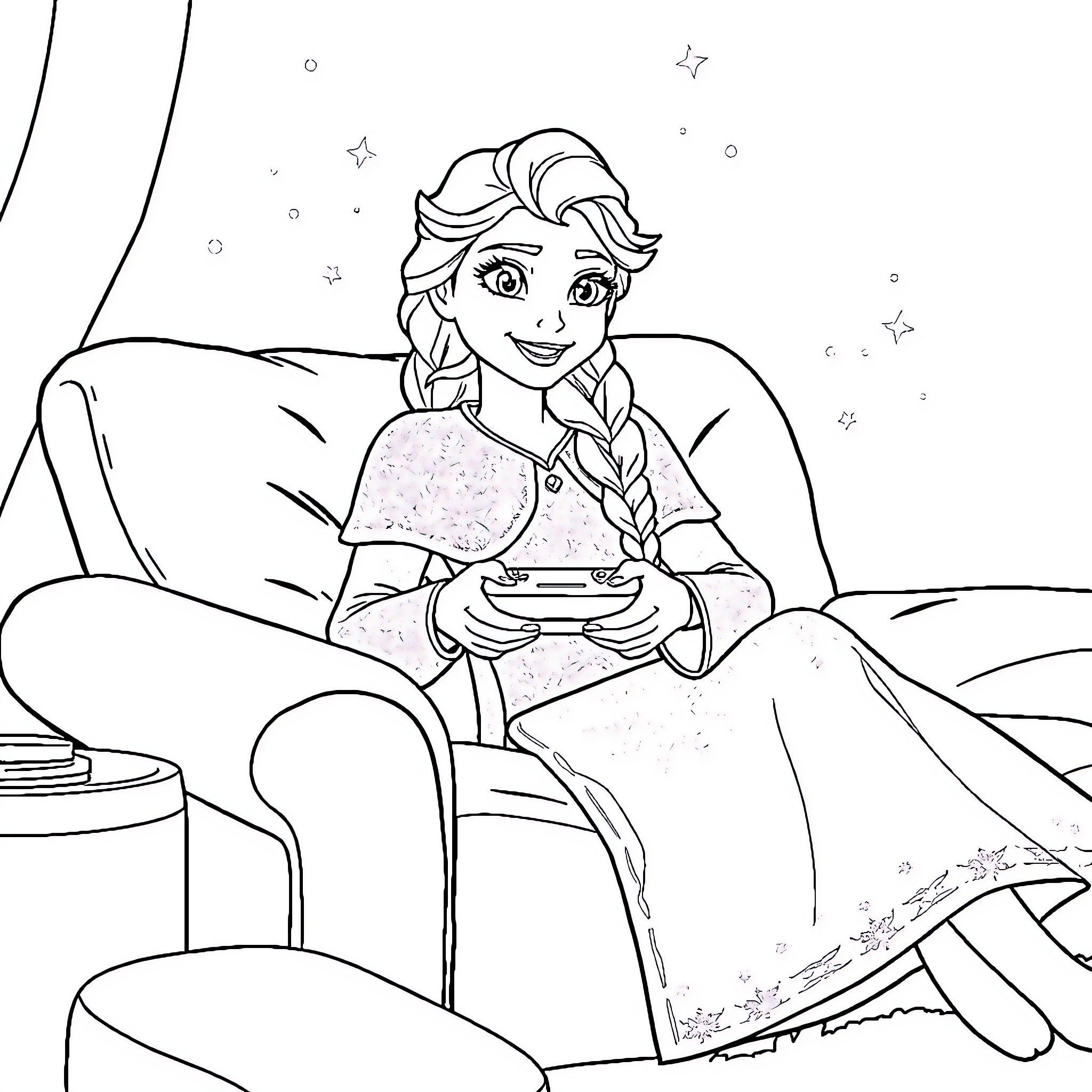 Queen Playing Video Game on a Cozy Night Coloring Page (free black-and-white line drawing printable PDF for all, from beginners to advanced learners, including children, teens, adults, and seniors)