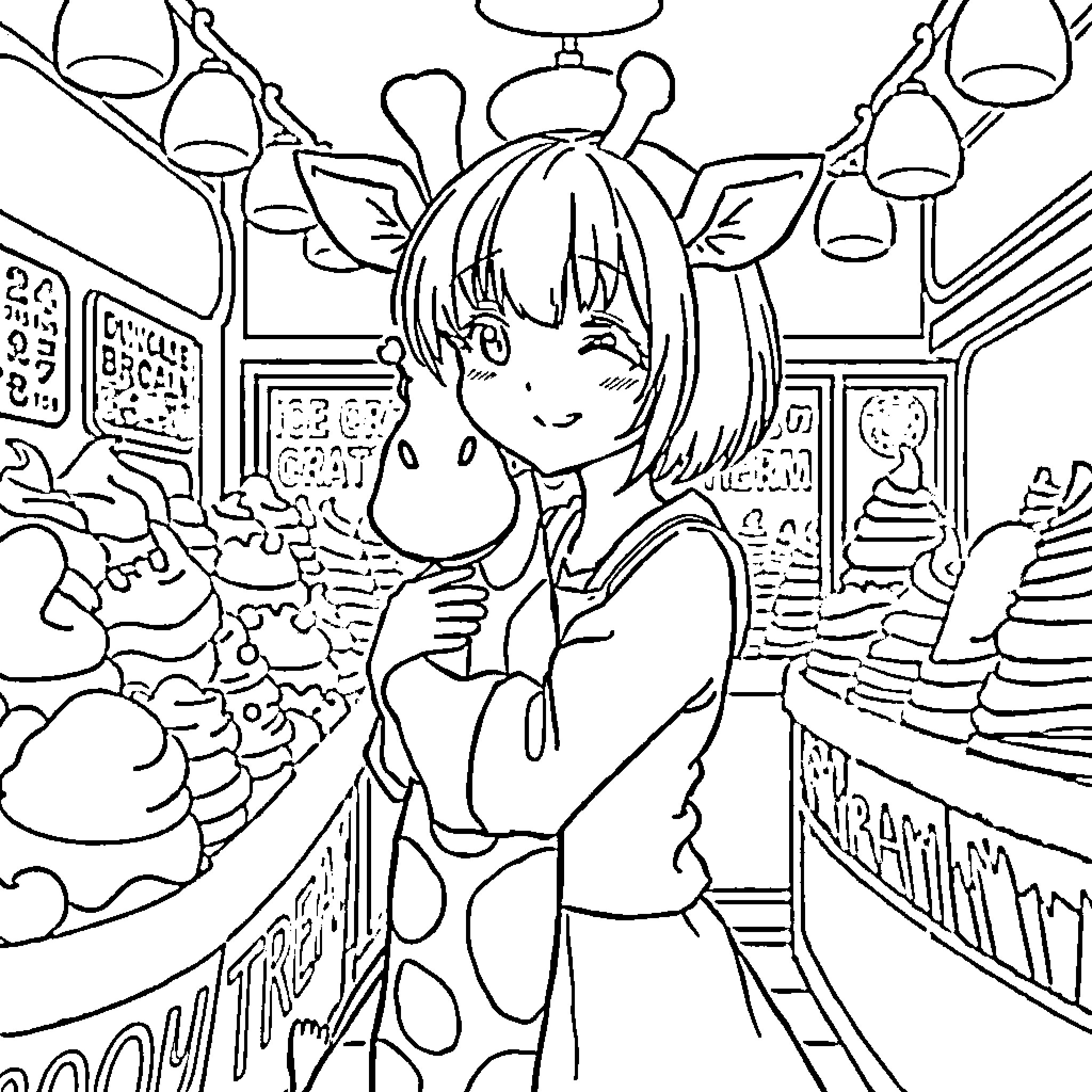 Anime Girl Browsing Shelves in a Convenience Store Coloring Page (free black-and-white line drawing printable PDF for all, from beginners to advanced learners, including children, teens, adults, and seniors)