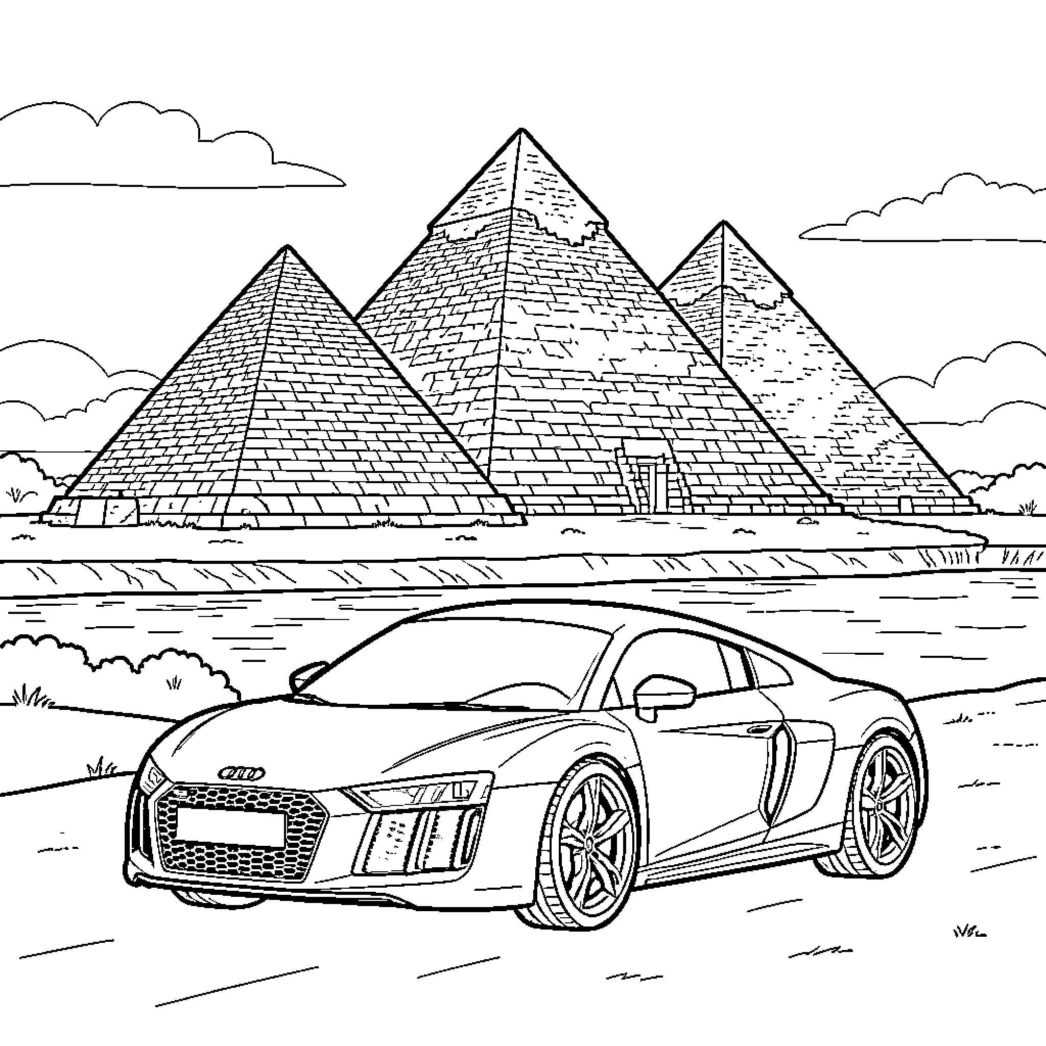 Audi R8 parked in front of ancient pyramids Coloring Page (free black-and-white line drawing printable PDF for all, from beginners to advanced learners, including children, teens, adults, and seniors)