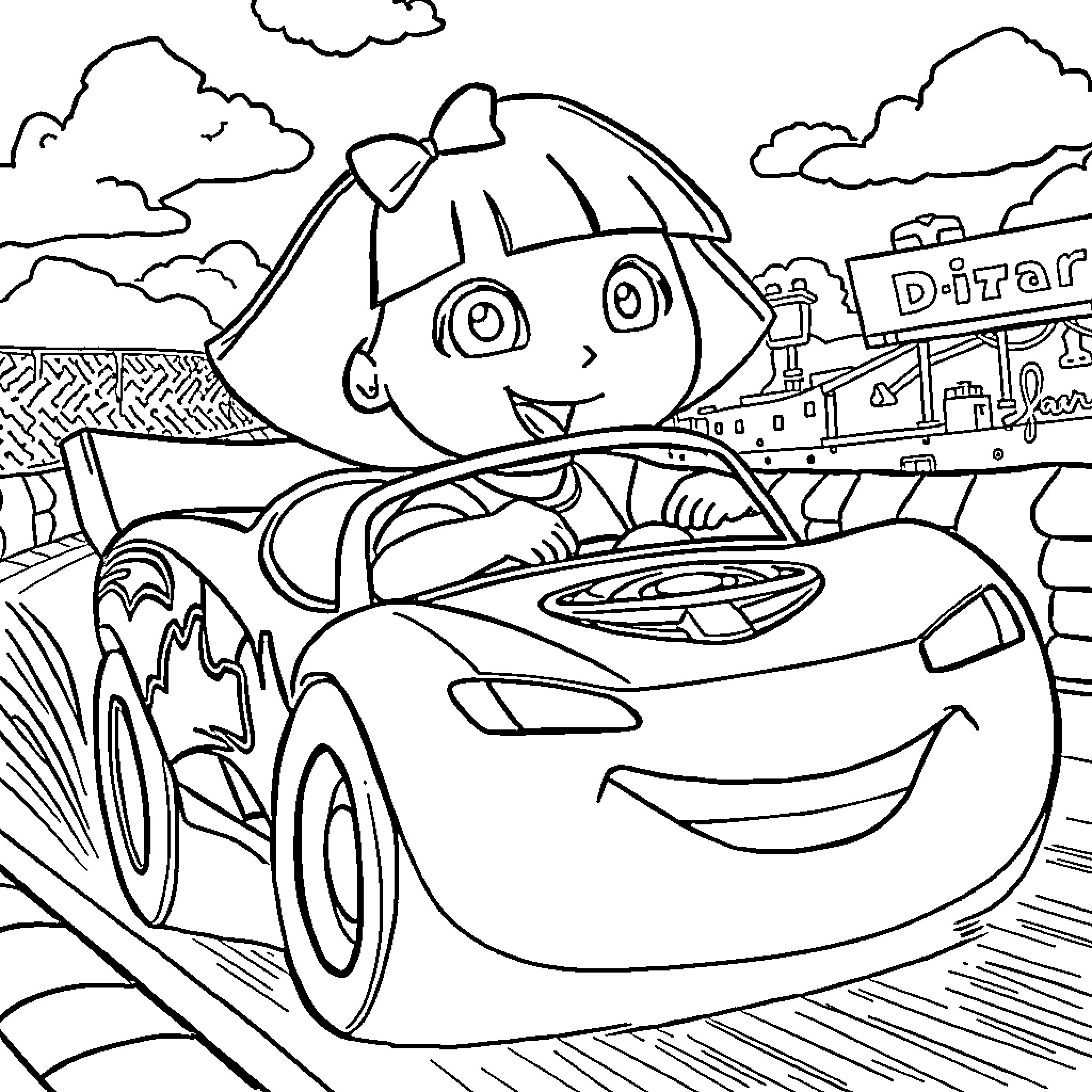 Dora's Exciting Racecar Adventure Coloring Page (free black-and-white line drawing printable PDF for all, from beginners to advanced learners, including children, teens, adults, and seniors)