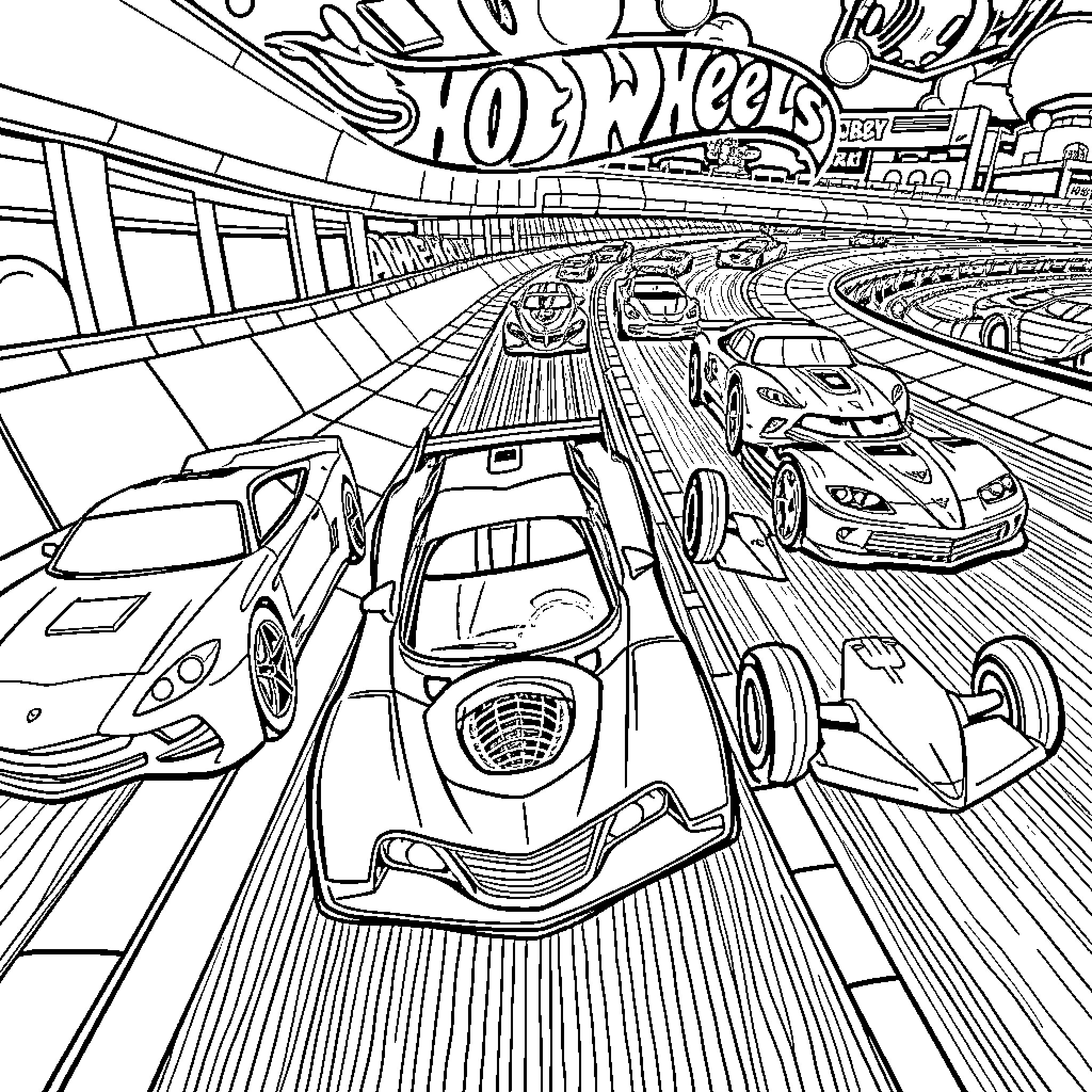 Hot Wheels Racing Track Adventure Coloring Page (free black-and-white line drawing printable PDF for all, from beginners to advanced learners, including children, teens, adults, and seniors)