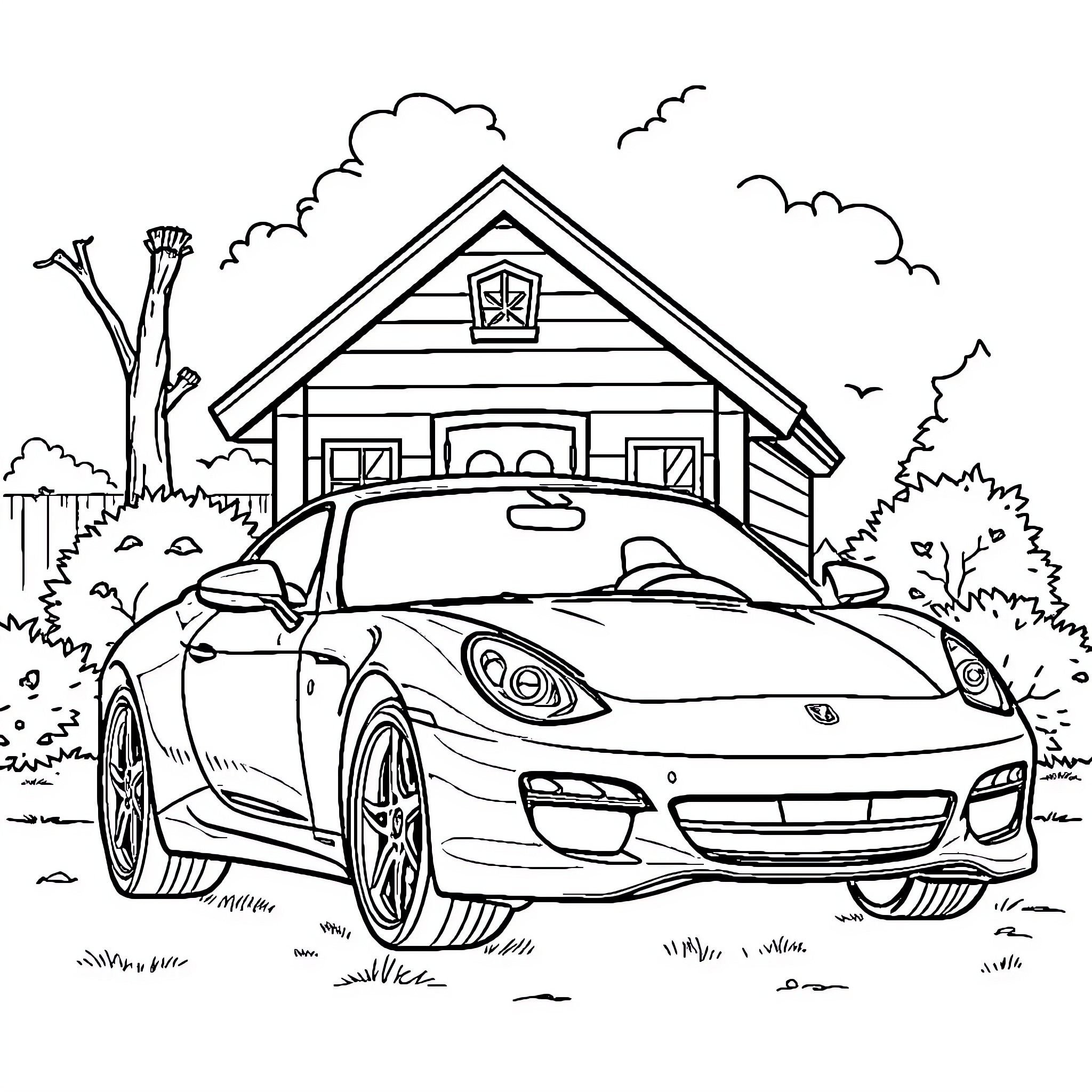 Car parked in front of a country house Coloring Page (free black-and-white line drawing printable PDF for all, from beginners to advanced learners, including children, teens, adults, and seniors)