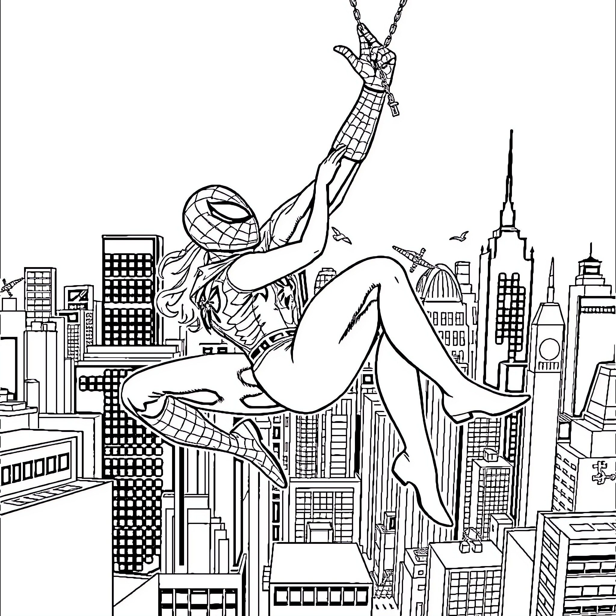 Spiderman swinging through the city skyline Coloring Page (free black-and-white line drawing printable PDF for all, from beginners to advanced learners, including children, teens, adults, and seniors)