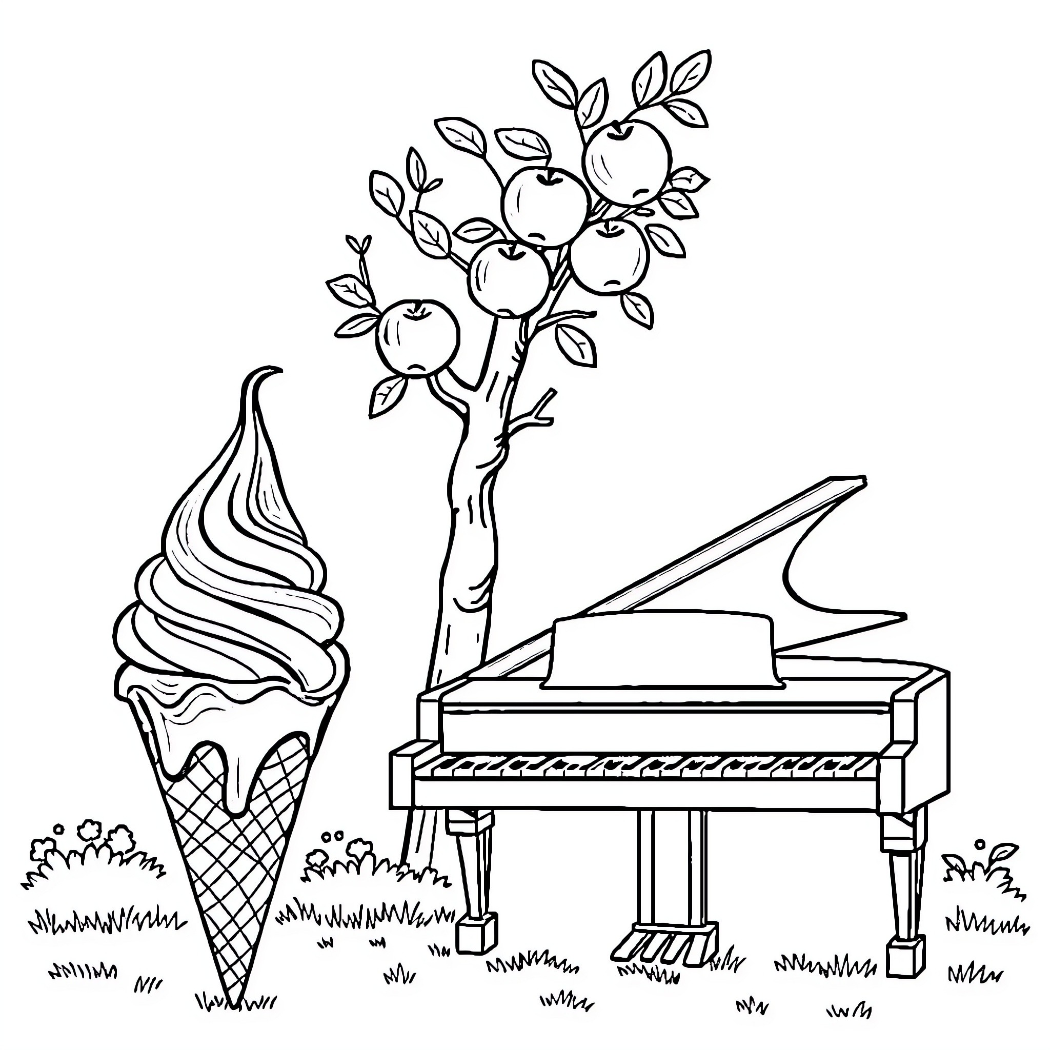 Ice Cream and Piano on a Grassy Landscape Coloring Page (free black-and-white line drawing printable PDF for all, from beginners to advanced learners, including children, teens, adults, and seniors)