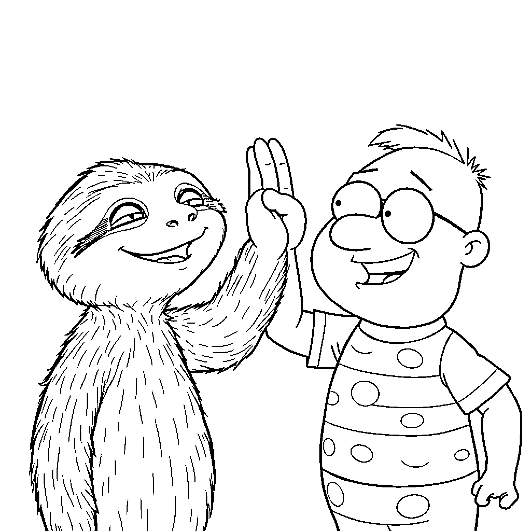 Sid's Playful Encounter with a Spotted Friend Coloring Page (free black-and-white line drawing printable PDF for all, from beginners to advanced learners, including children, teens, adults, and seniors)