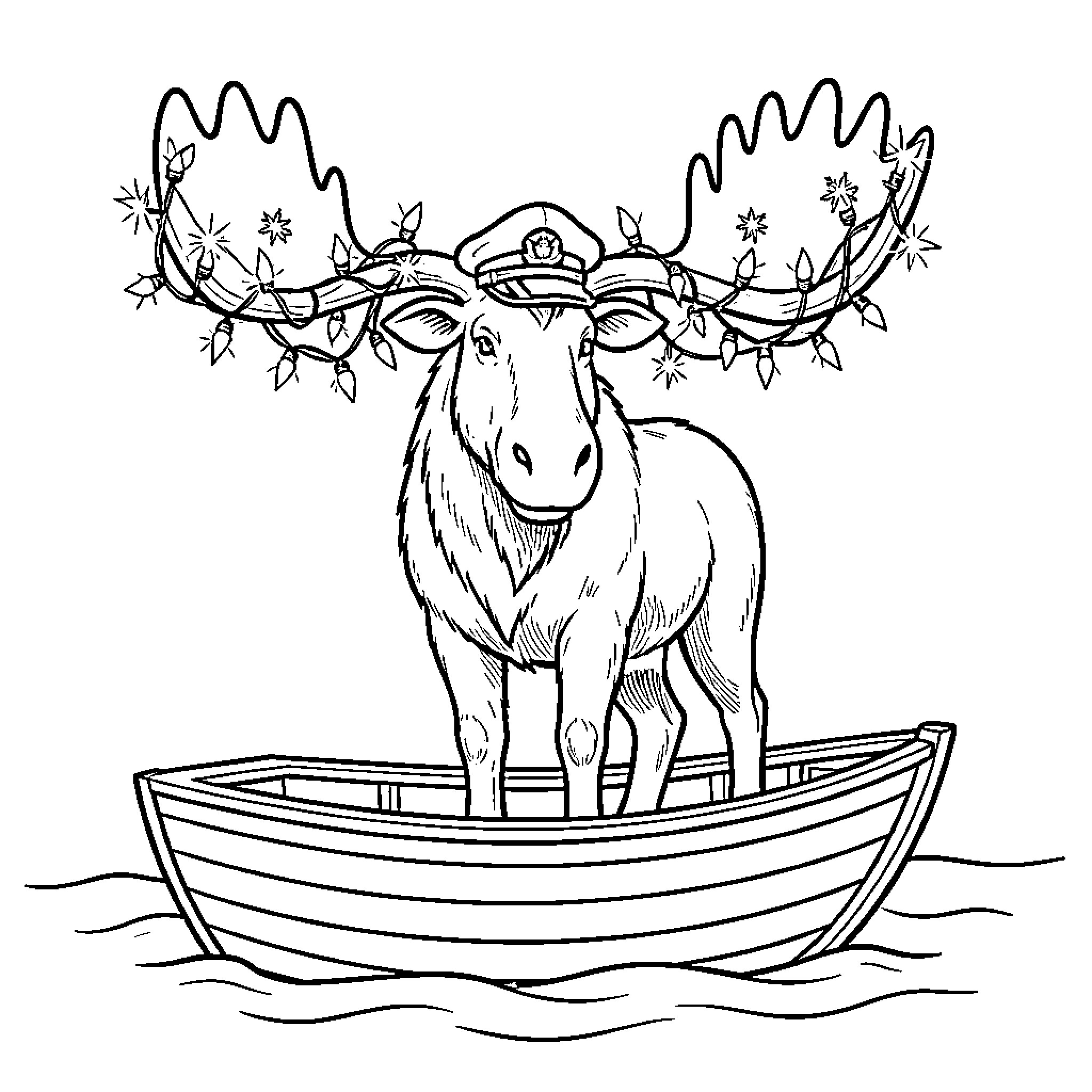 Moose wearing a hat standing in a boat Coloring Page (free black-and-white line drawing printable PDF for all, from beginners to advanced learners, including children, teens, adults, and seniors)