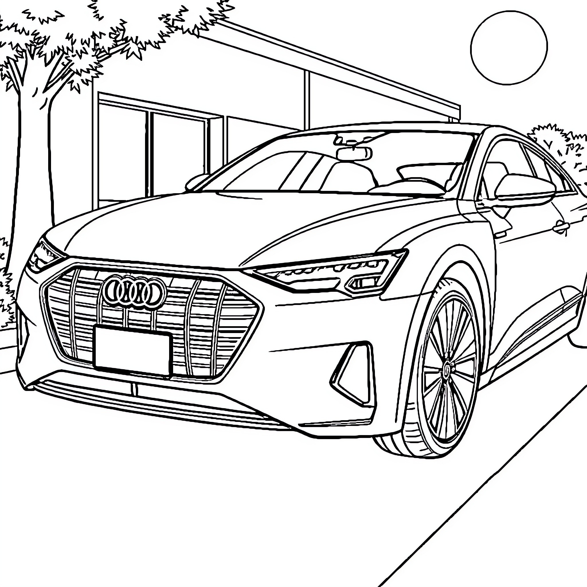 Audi Etron in a serene countryside scene Coloring Page (free black-and-white line drawing printable PDF for all, from beginners to advanced learners, including children, teens, adults, and seniors)