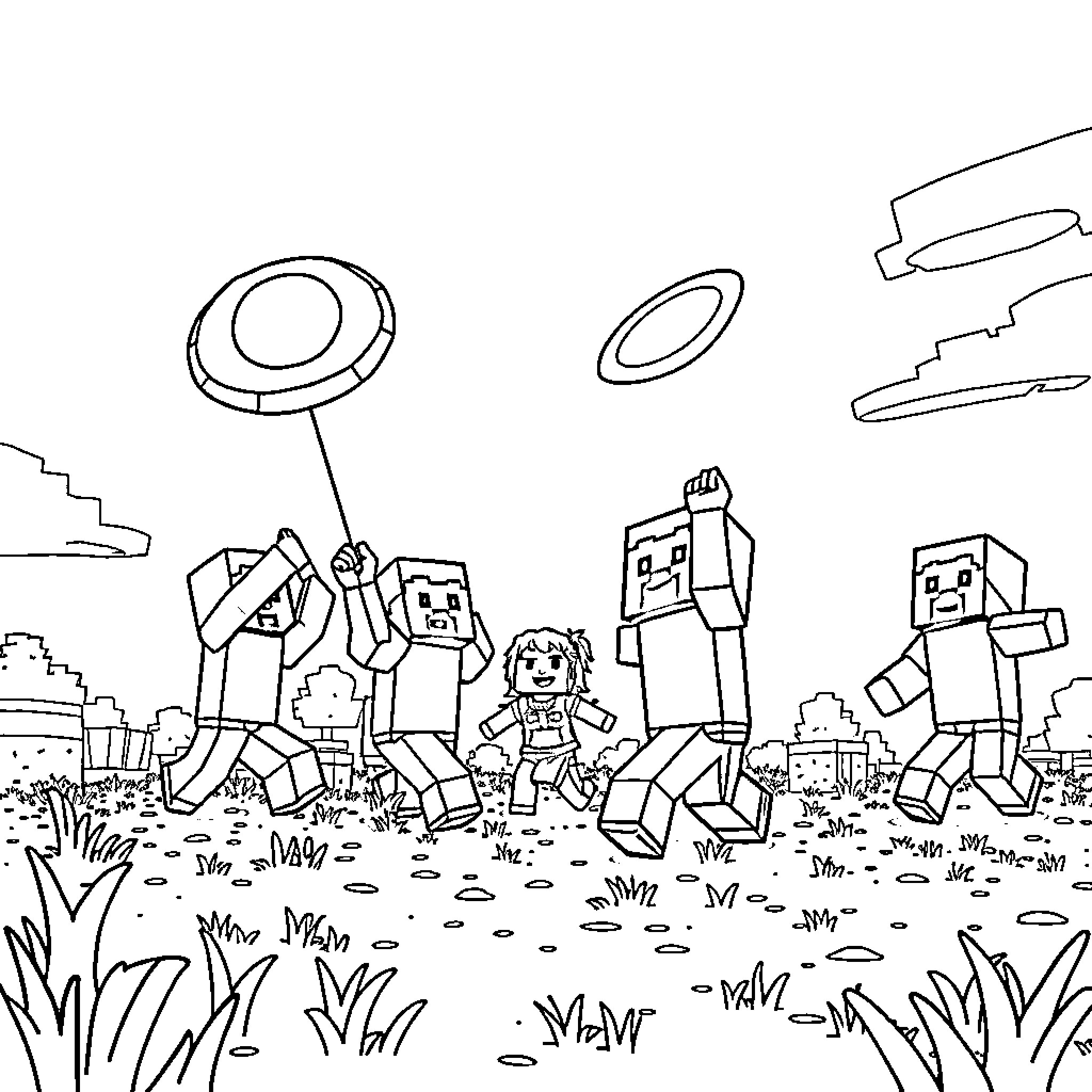 Minecraft characters exploring the natural world Coloring Page (free black-and-white line drawing printable PDF for all, from beginners to advanced learners, including children, teens, adults, and seniors)