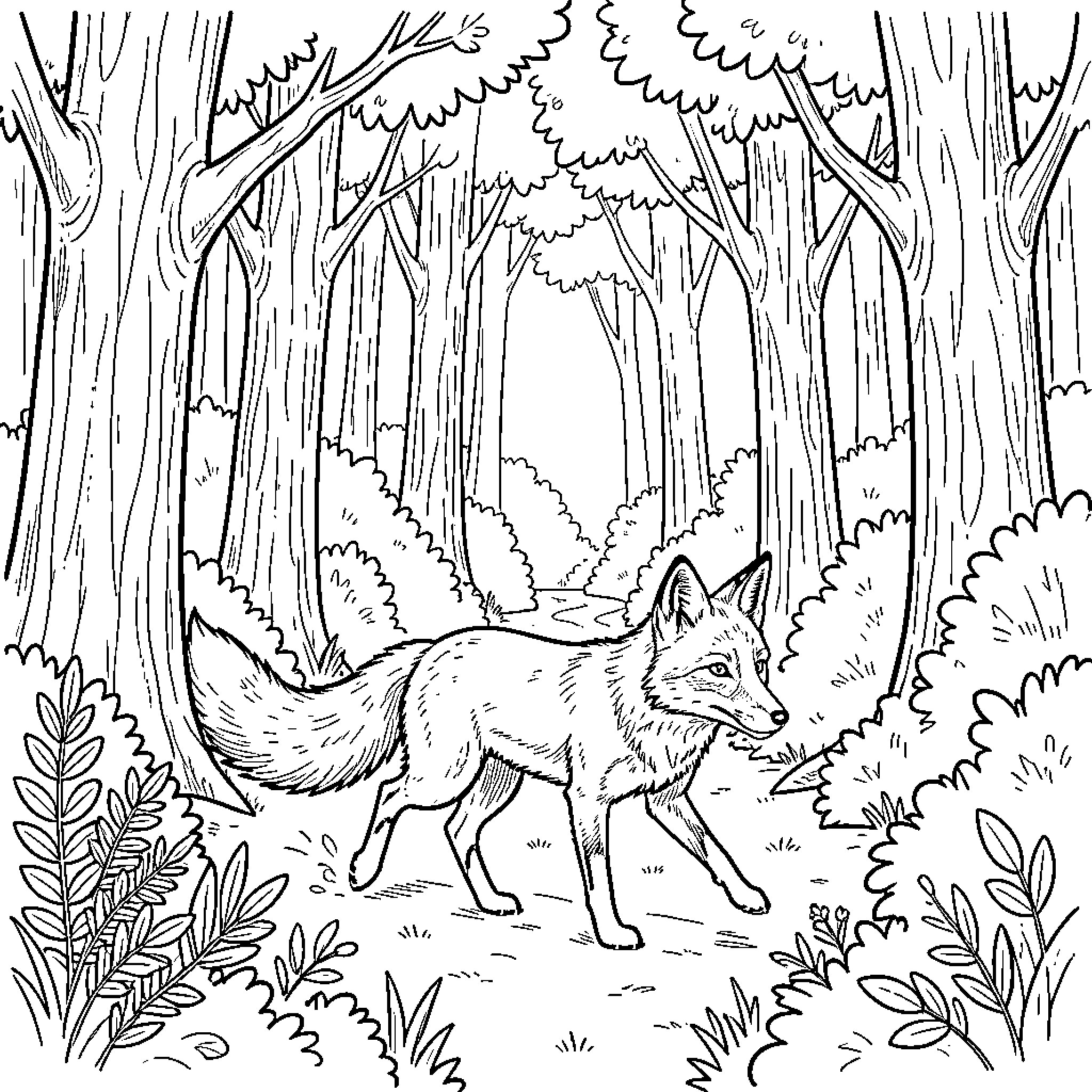 Fox walking through a dense forest scenery Coloring Page (free black-and-white line drawing printable PDF for all, from beginners to advanced learners, including children, teens, adults, and seniors)