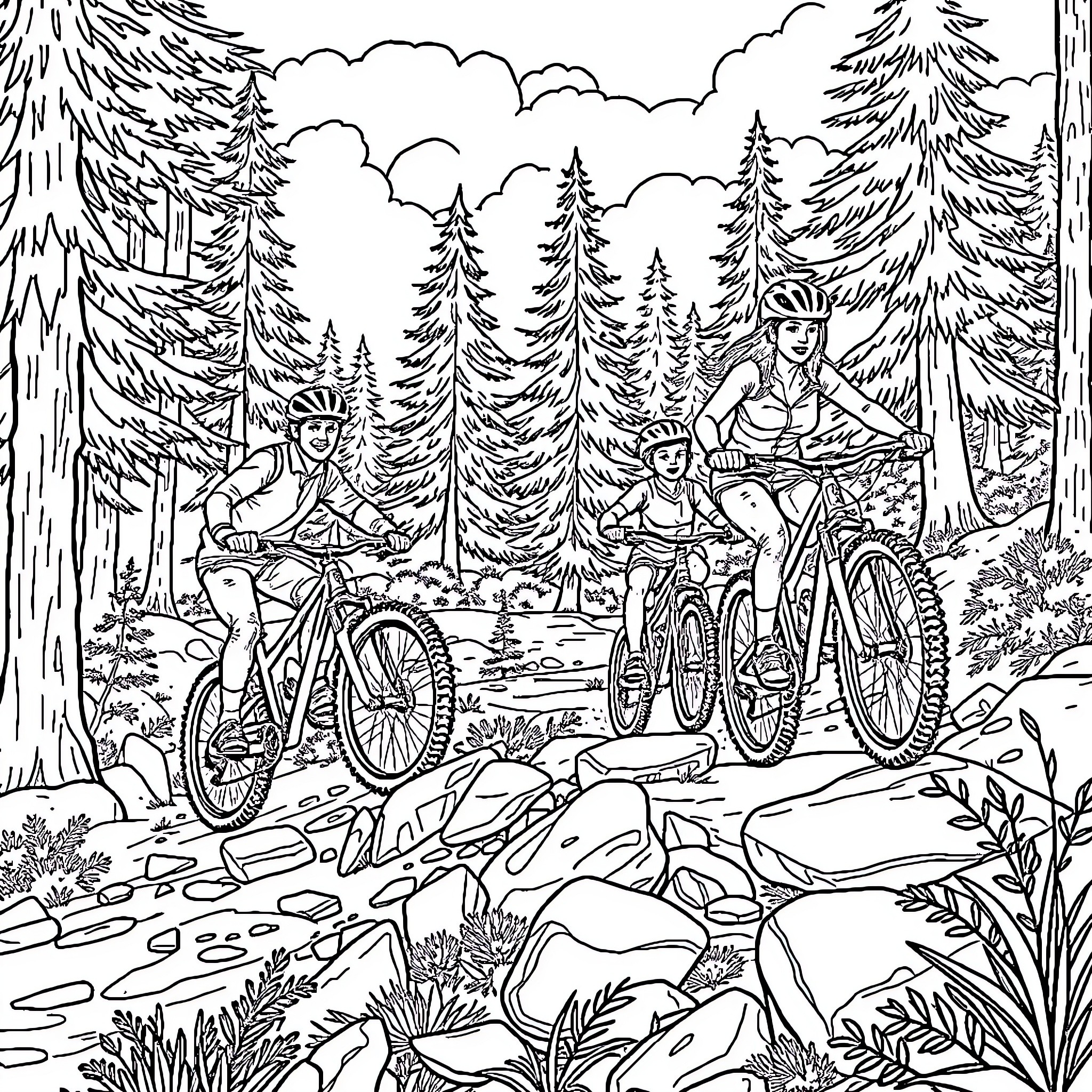 Mountain Biking Adventure in the Wilderness Coloring Page (free black-and-white line drawing printable PDF for all, from beginners to advanced learners, including children, teens, adults, and seniors)