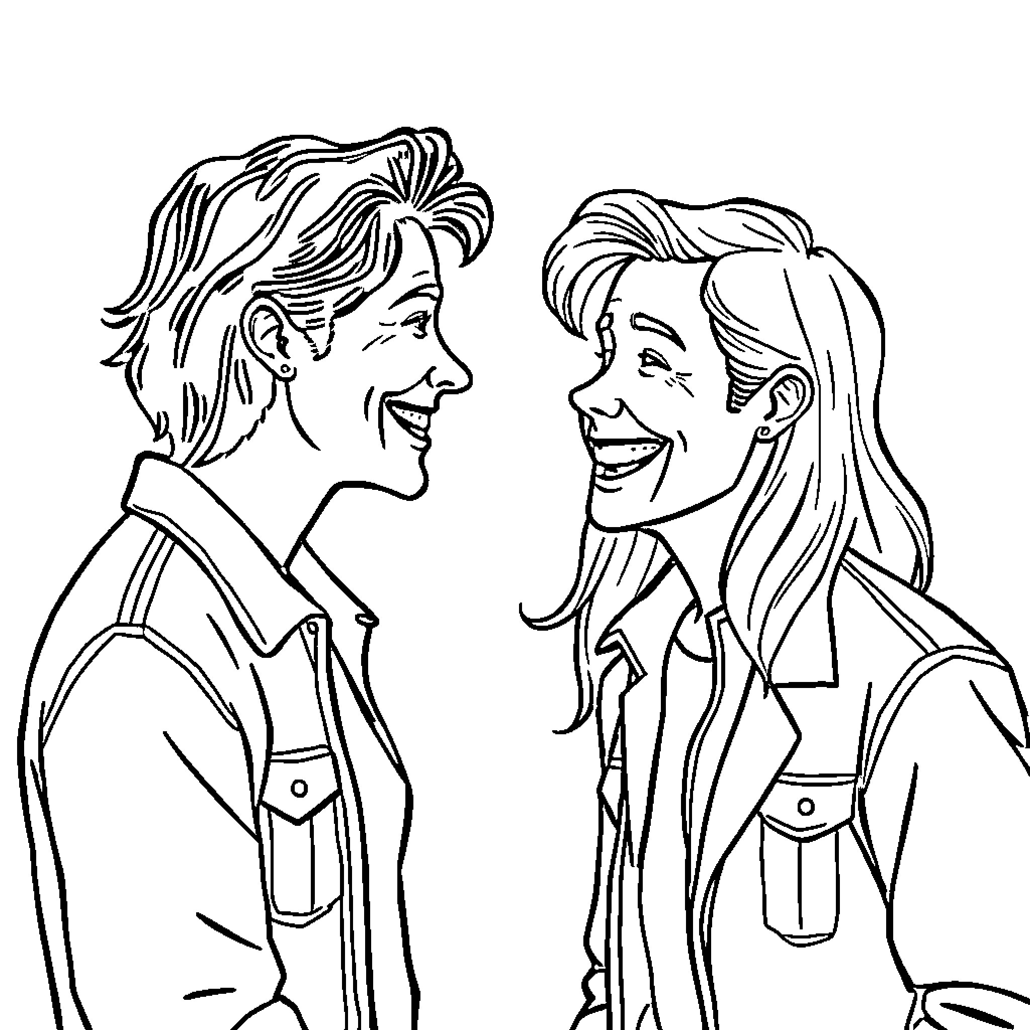 Person in conversation with another person Coloring Page (free black-and-white line drawing printable PDF for all, from beginners to advanced learners, including children, teens, adults, and seniors)