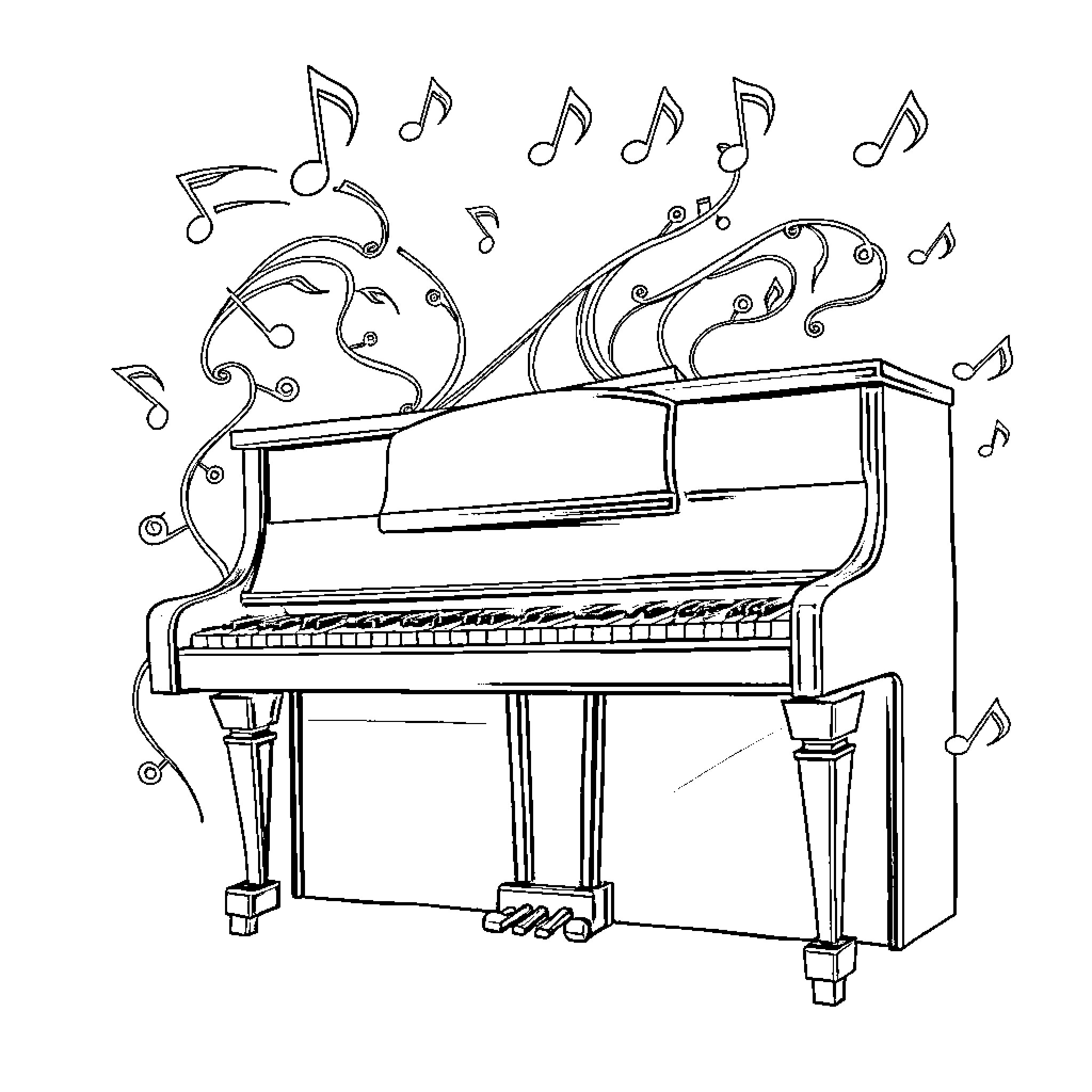 Music Note Artistic Piano with Musical Notes Coloring Page (free black-and-white line drawing printable PDF for all, from beginners to advanced learners, including children, teens, adults, and seniors)