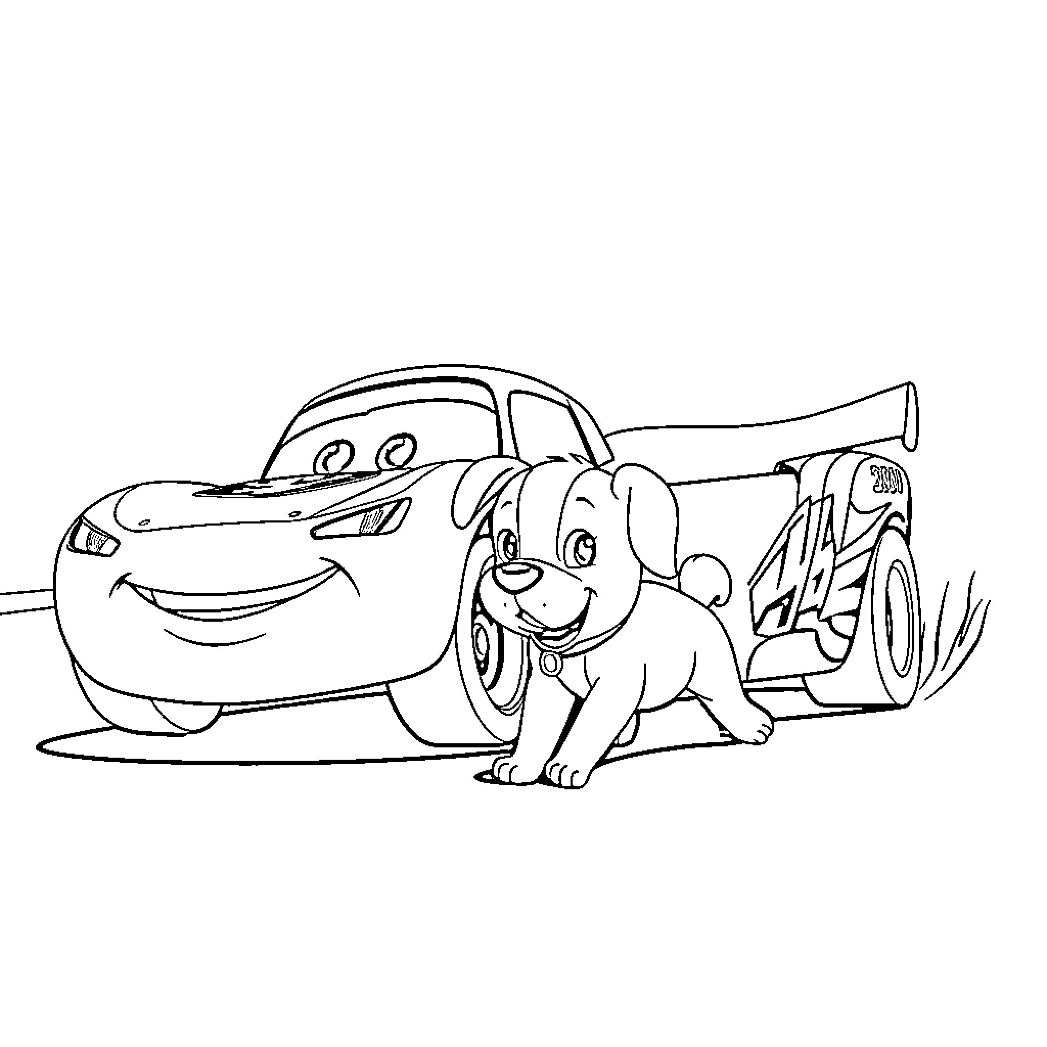 Car and puppy having fun together Coloring Page (free black-and-white line drawing printable PDF for all, from beginners to advanced learners, including children, teens, adults, and seniors)