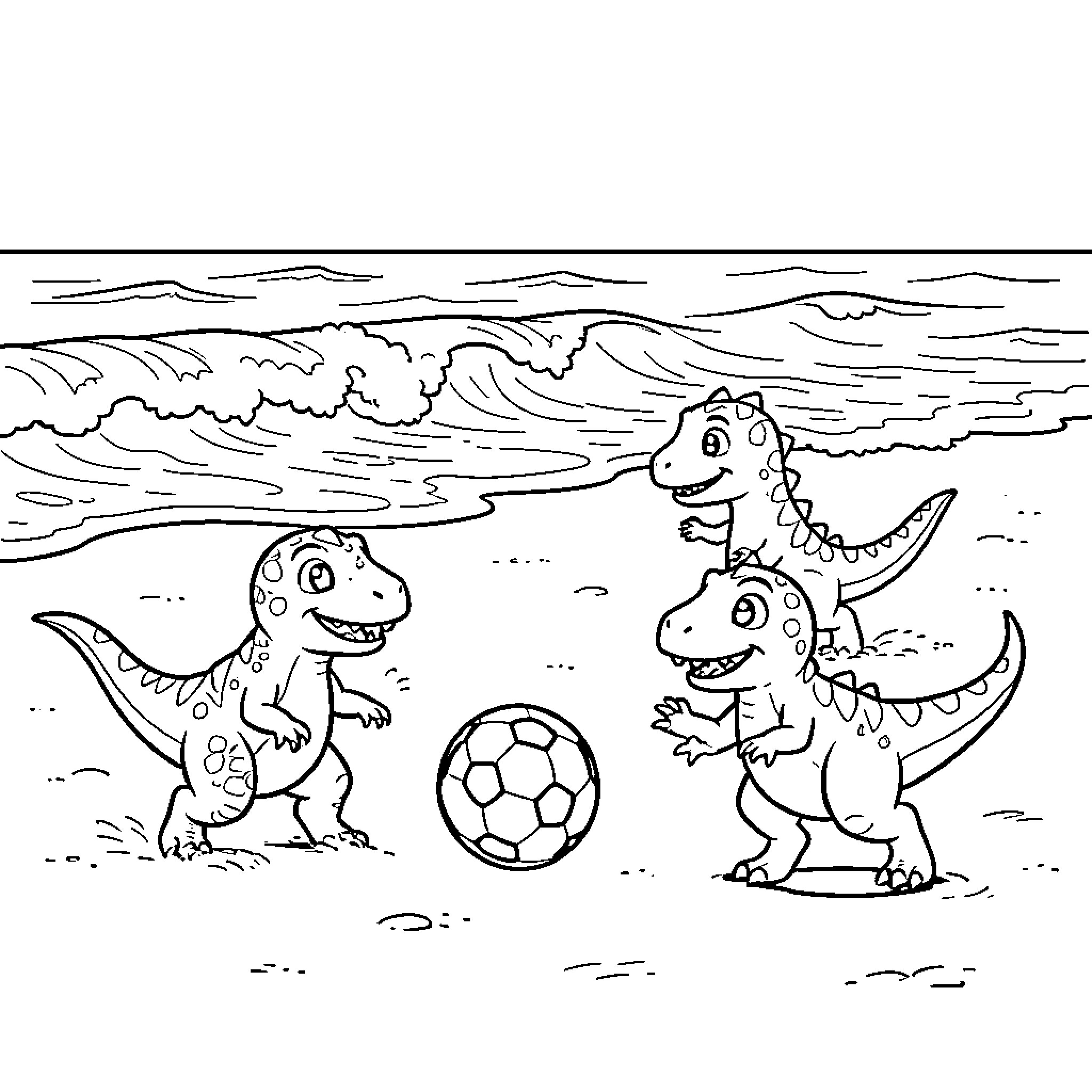 Dinosaur characters playing soccer together on the beach Coloring Page (free black-and-white line drawing printable PDF for all, from beginners to advanced learners, including children, teens, adults, and seniors)