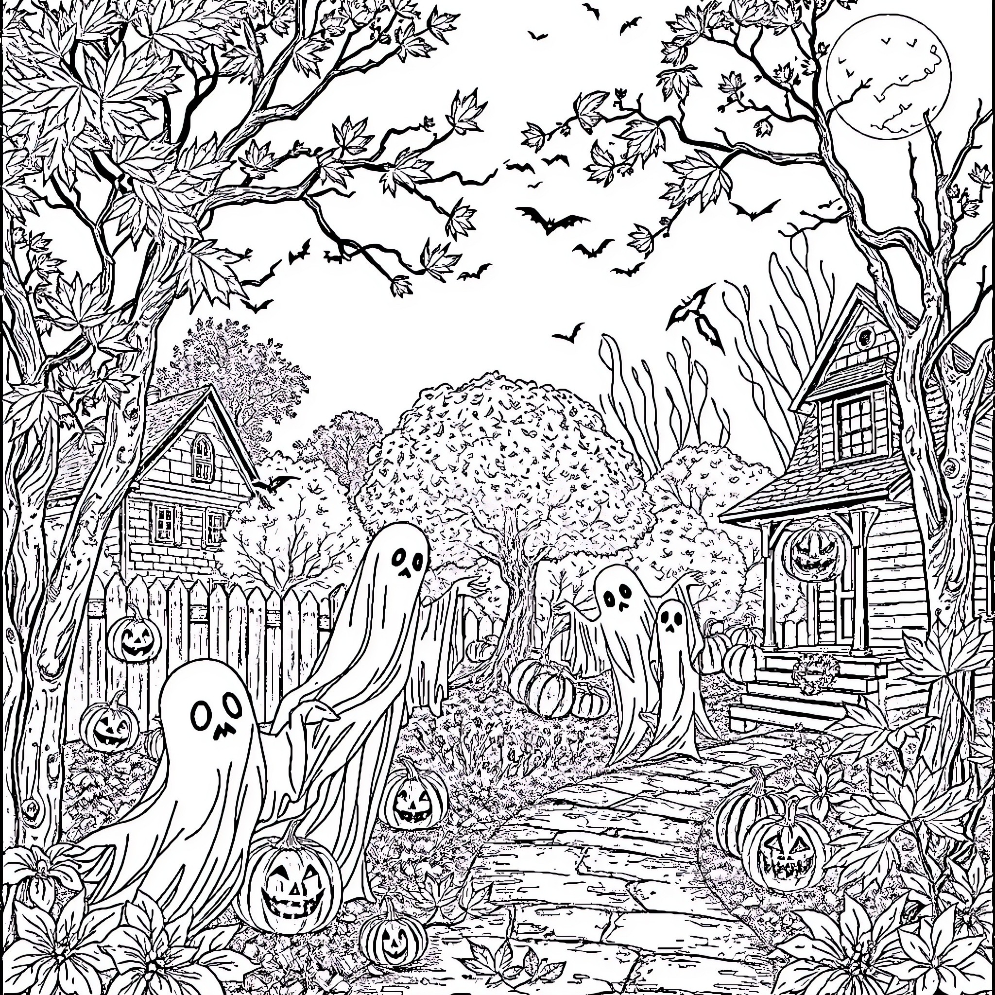 Halloween Spooky Ghosts and Haunted Houses in the Forest Coloring Page (free black-and-white line drawing printable PDF for all, from beginners to advanced learners, including children, teens, adults, and seniors)