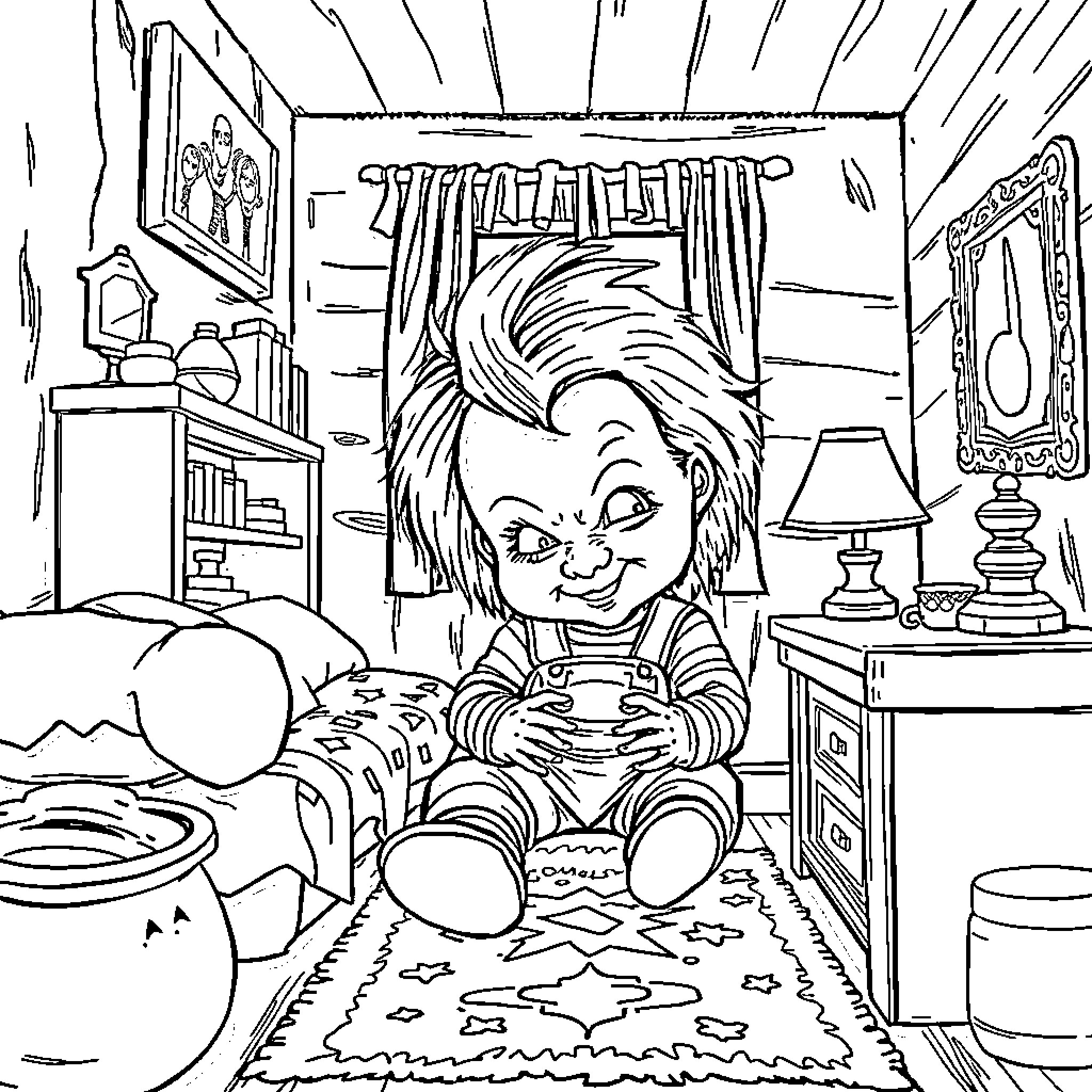 Chucky's Mischievous Playtime in the Bedroom Coloring Page (free black-and-white line drawing printable PDF for all, from beginners to advanced learners, including children, teens, adults, and seniors)