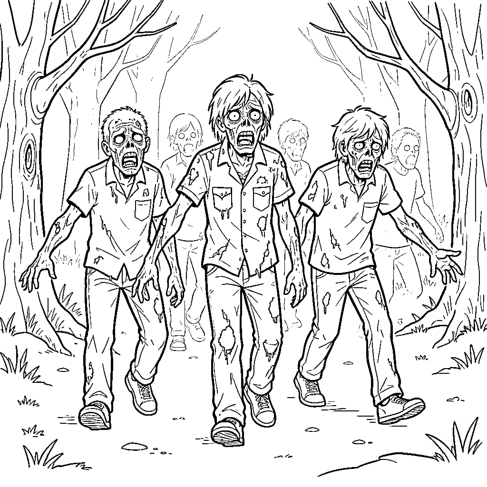 Zombie horde walking through a spooky forest Coloring Page (free black-and-white line drawing printable PDF for all, from beginners to advanced learners, including children, teens, adults, and seniors)