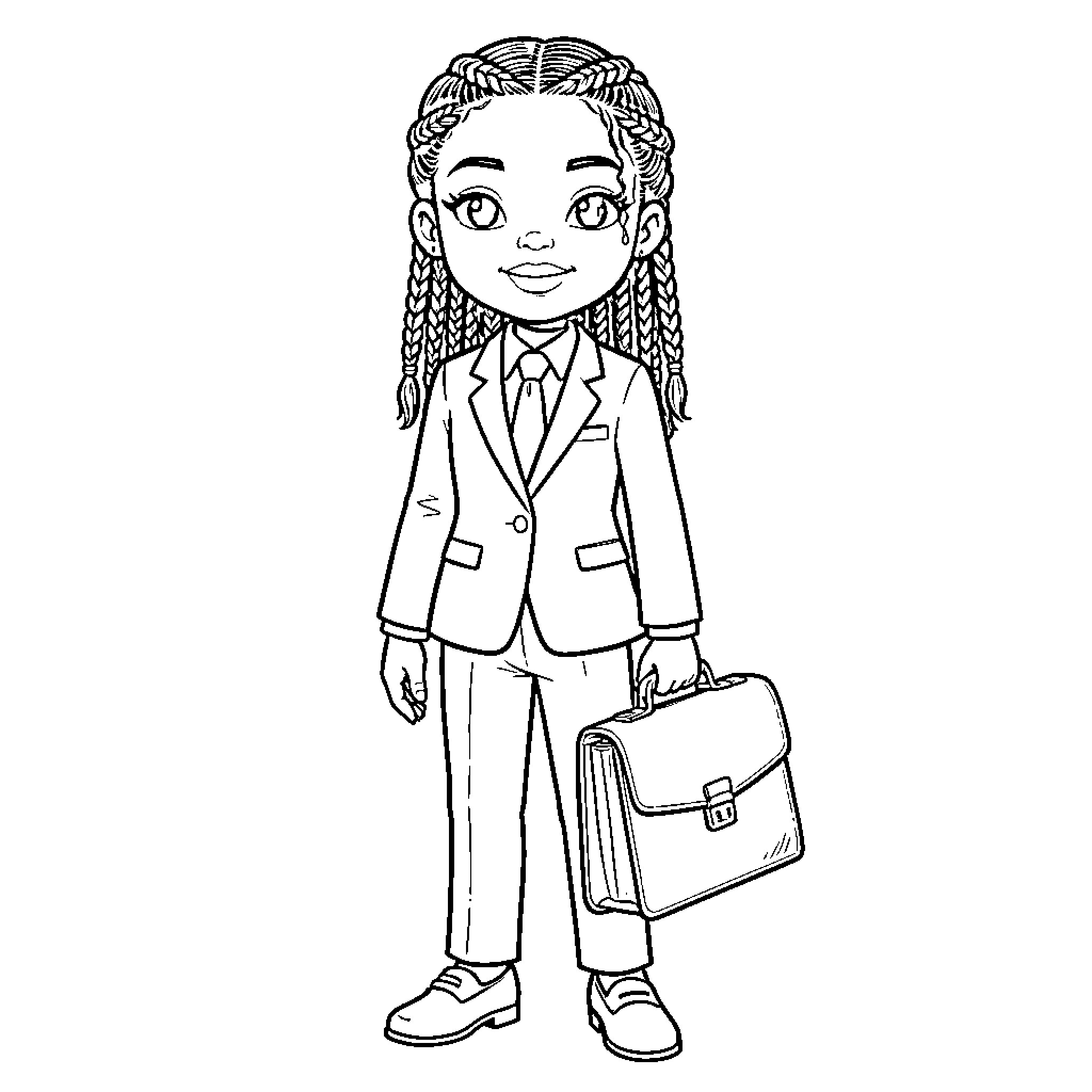 Girl in professional attire with braided hair Coloring Page (free black-and-white line drawing printable PDF for all, from beginners to advanced learners, including children, teens, adults, and seniors)